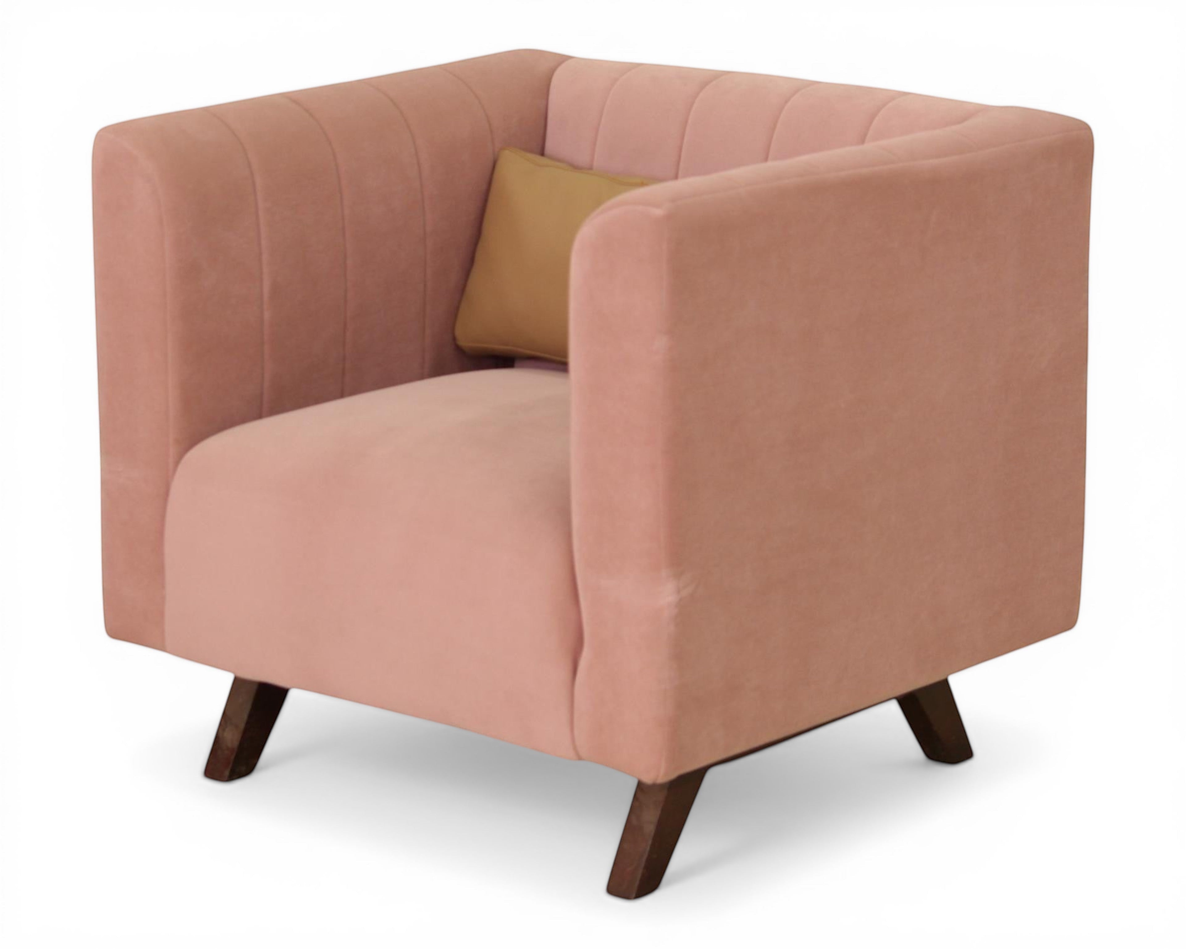 Nakoda Homes modern rose velvet sofa with channel tufting and dark wood legs. Includes accent pillow.
