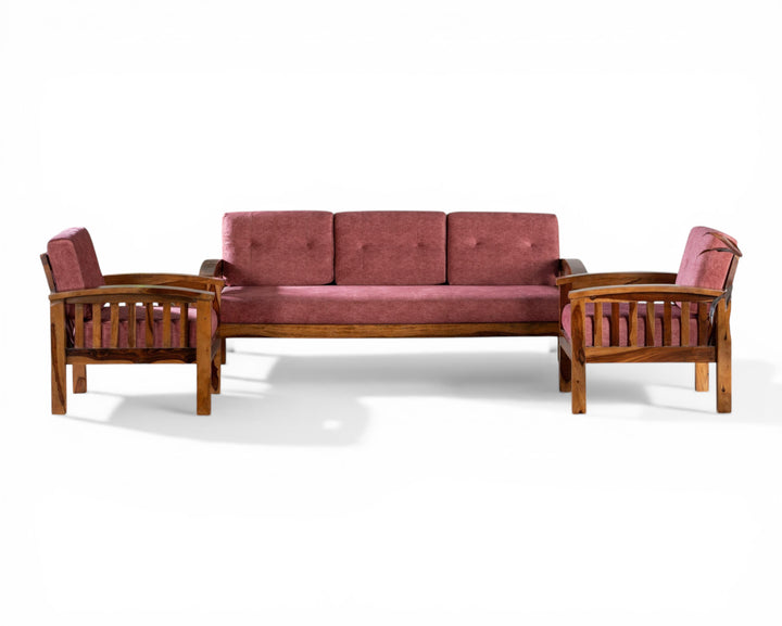 Nakoda Homes rose-colored wooden sofa set with slatted back design and plush cushions.