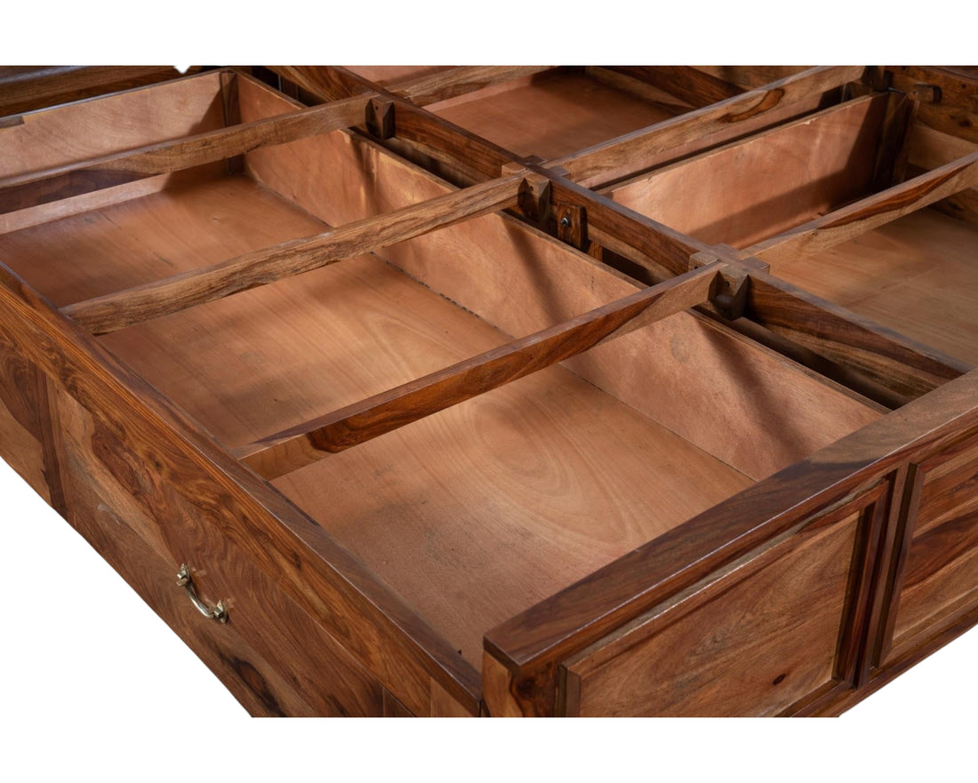 Nakoda Homes Sheesham wood bed frame with built-in storage drawers and geometric pattern headboard detail.