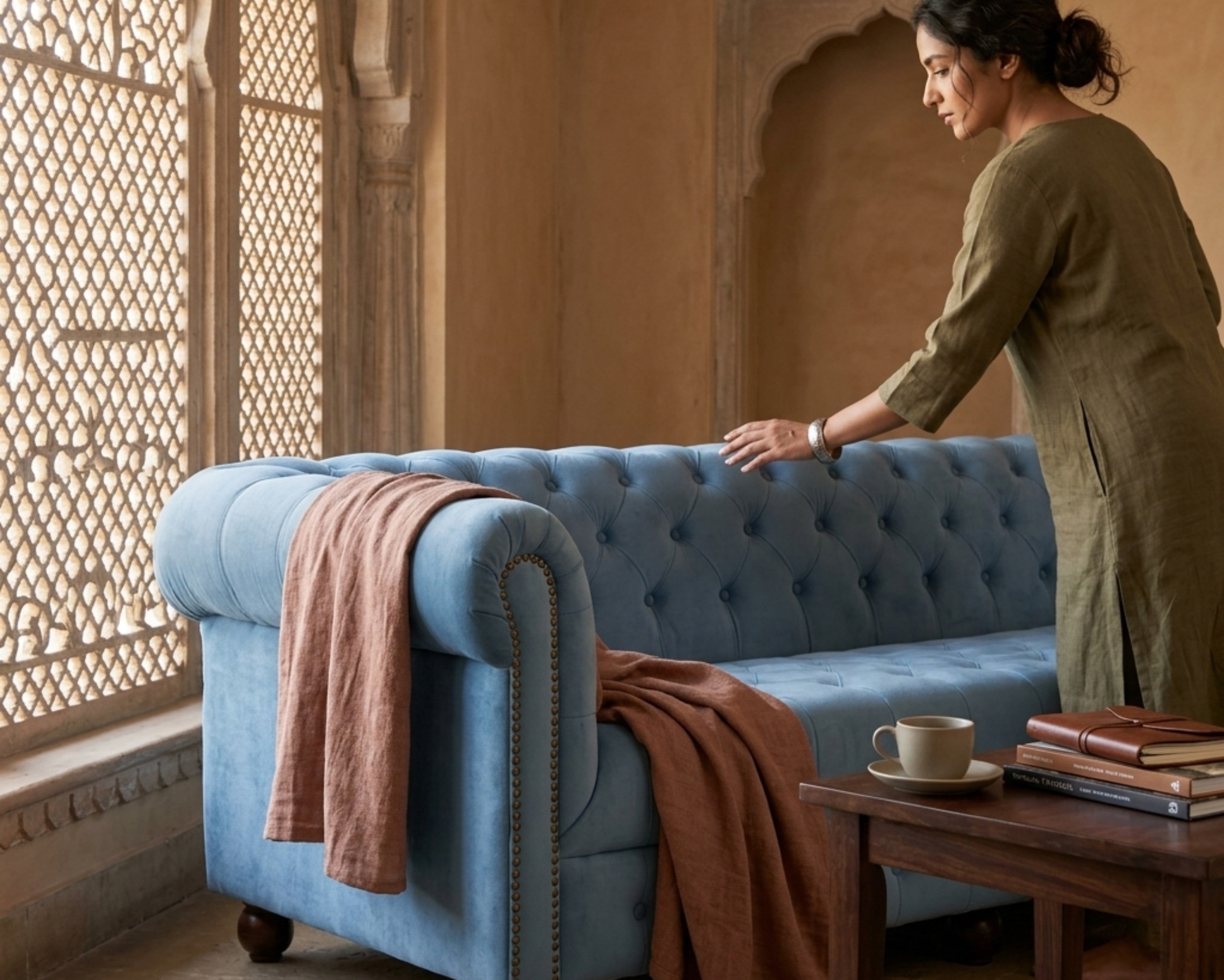 Nakoda Homes sky blue velvet Chesterfield sofa with button-tufting and nailhead trim.