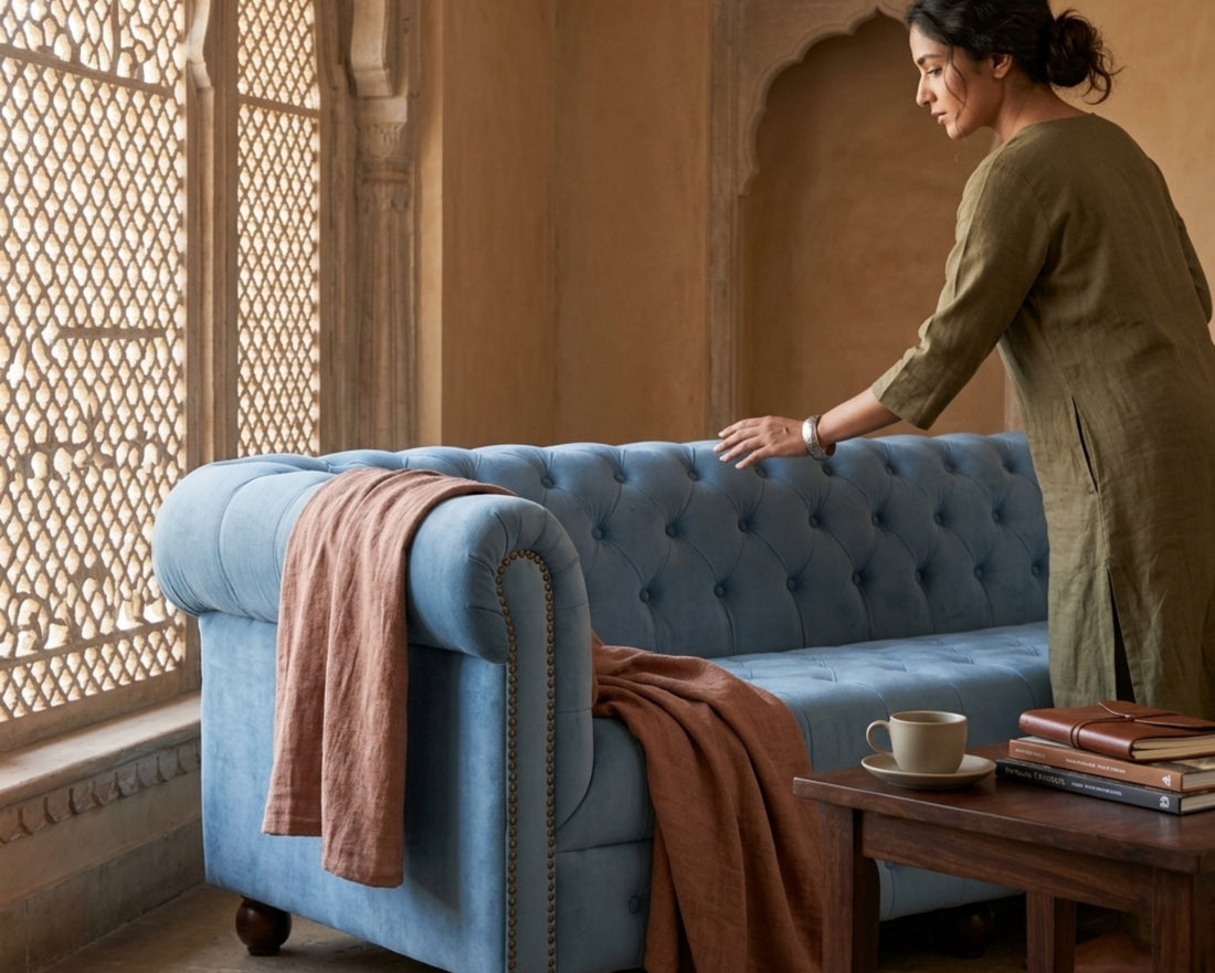 Nakoda Homes sky blue velvet Chesterfield sofa with button-tufting and nailhead trim.