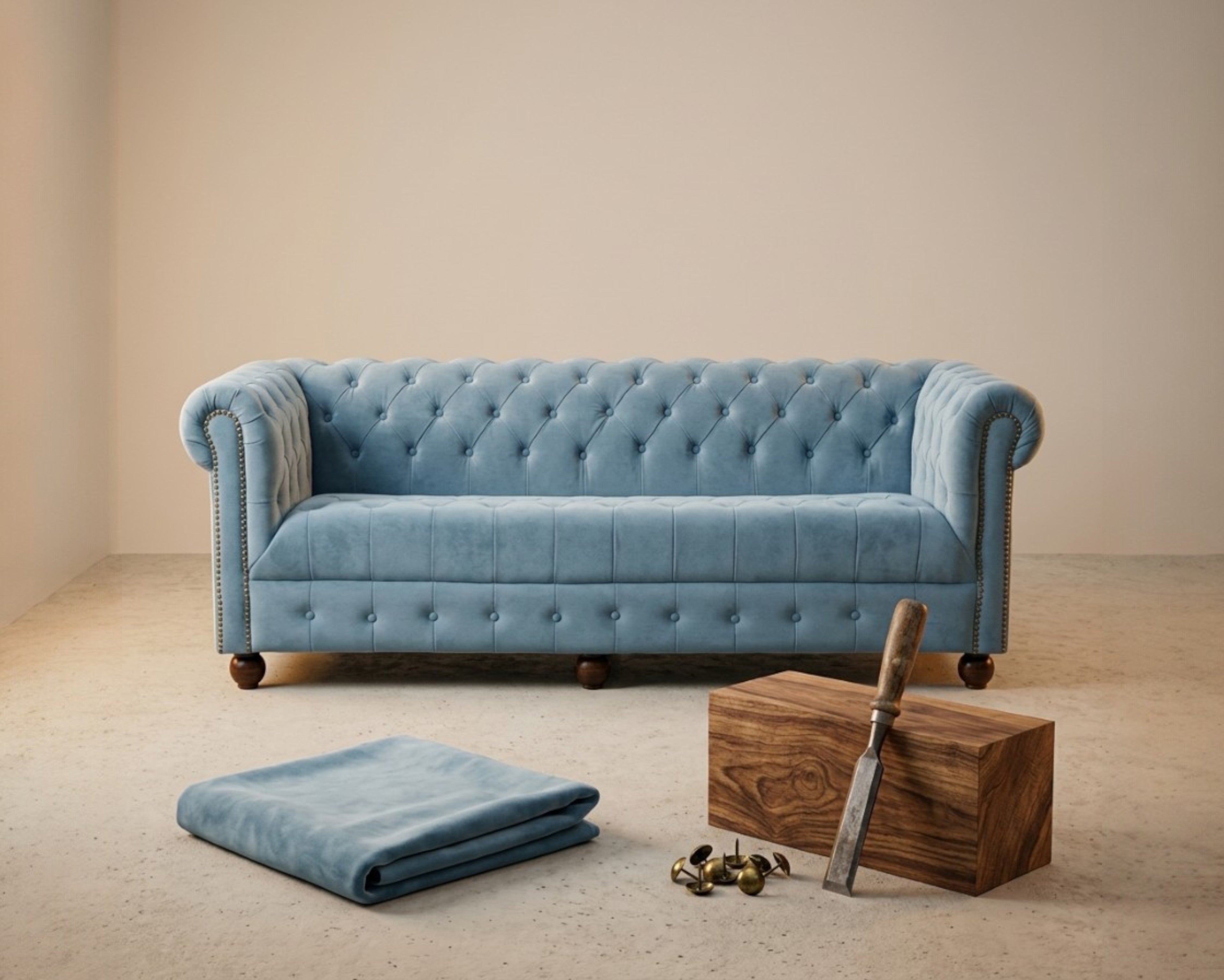 Nakoda Homes sky blue velvet Chesterfield sofa with button-tufting and nailhead trim. Features rolled arms and dark wooden legs.