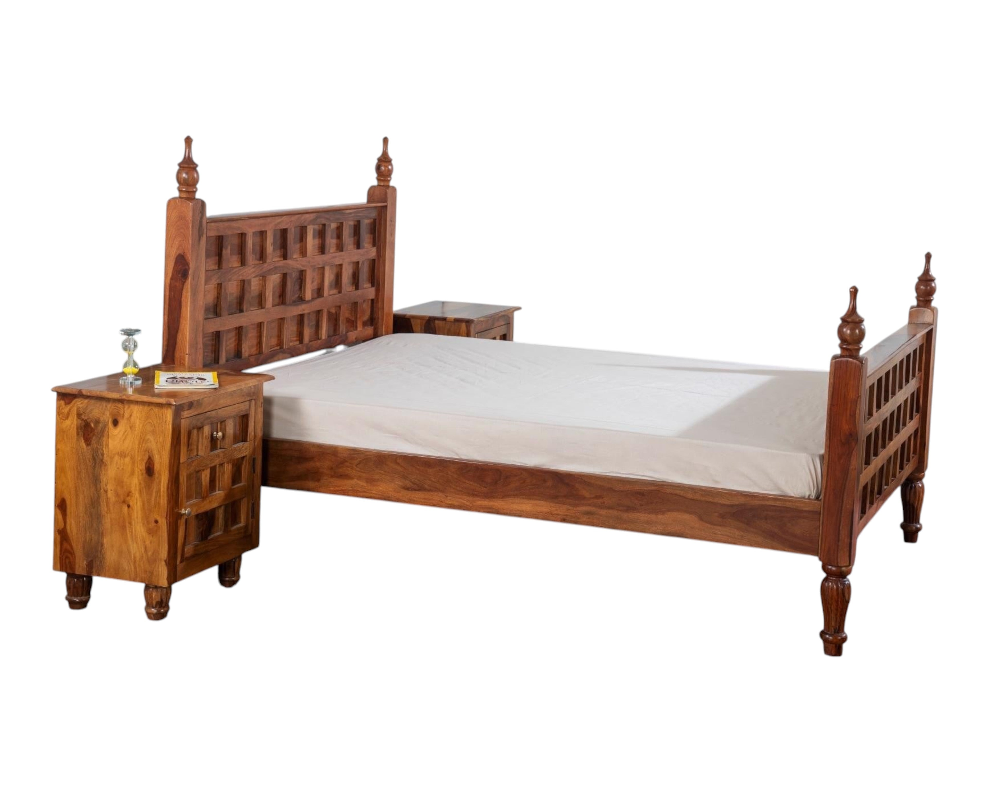 Nakoda Homes solid wood bed frame with lattice headboard, turned posts, and finials. Traditional rustic design.