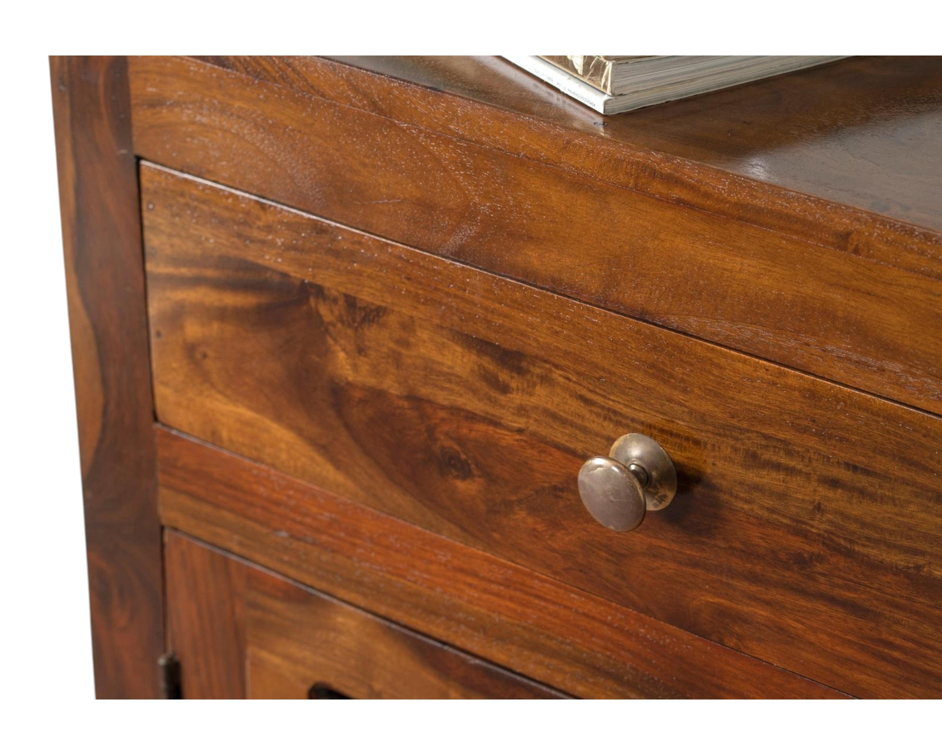Nakoda Homes solid wood cabinet with two drawers and glass doors, featuring warm Sheesham wood and rustic charm.