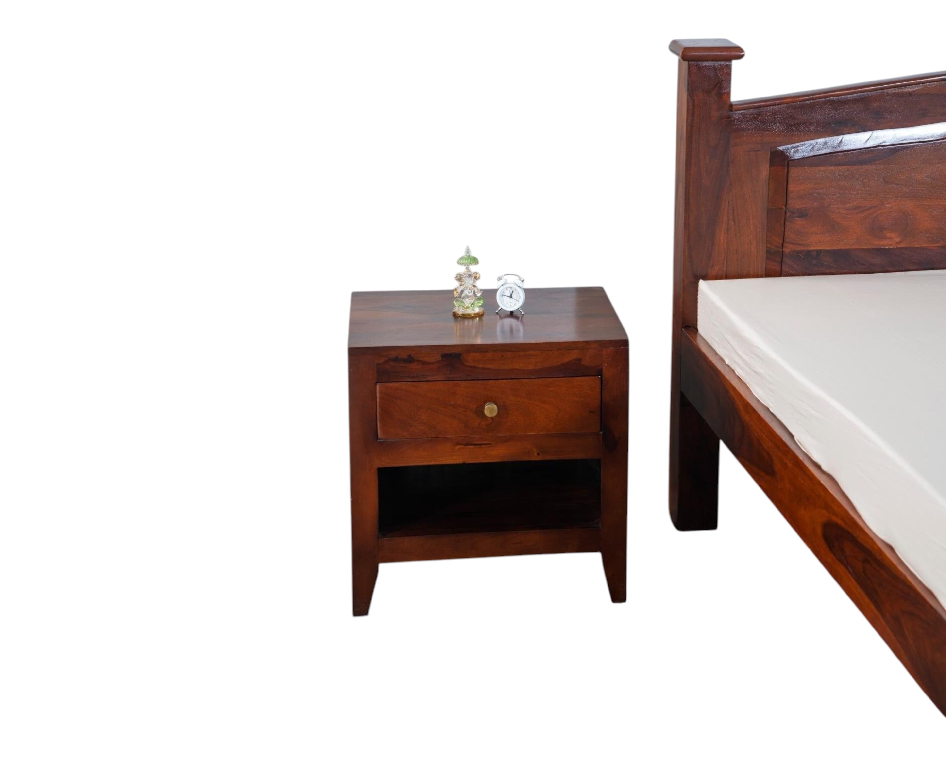 Nakoda Homes solid wood platform bed frame in warm wood tone with curved headboard and sturdy posts. Features natural wood grain.