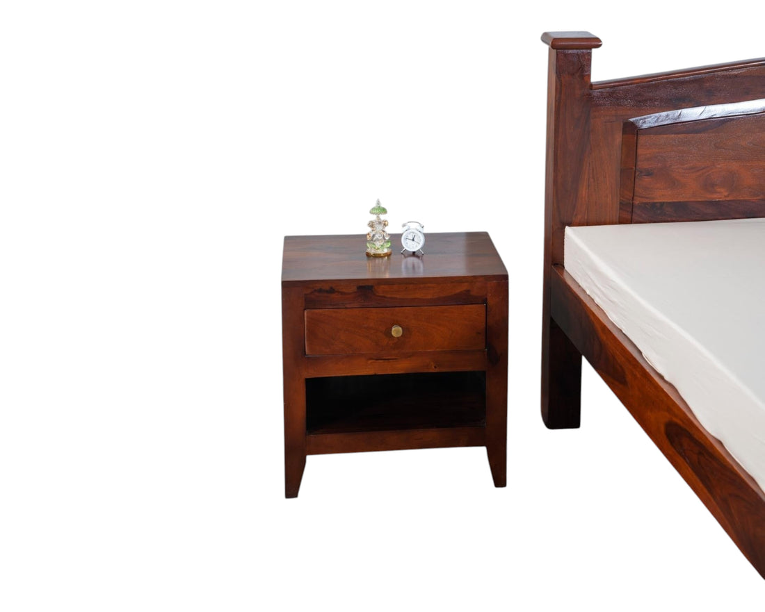 Nakoda Homes solid wood platform bed frame in warm wood tone with curved headboard and sturdy posts. Features natural wood grain.