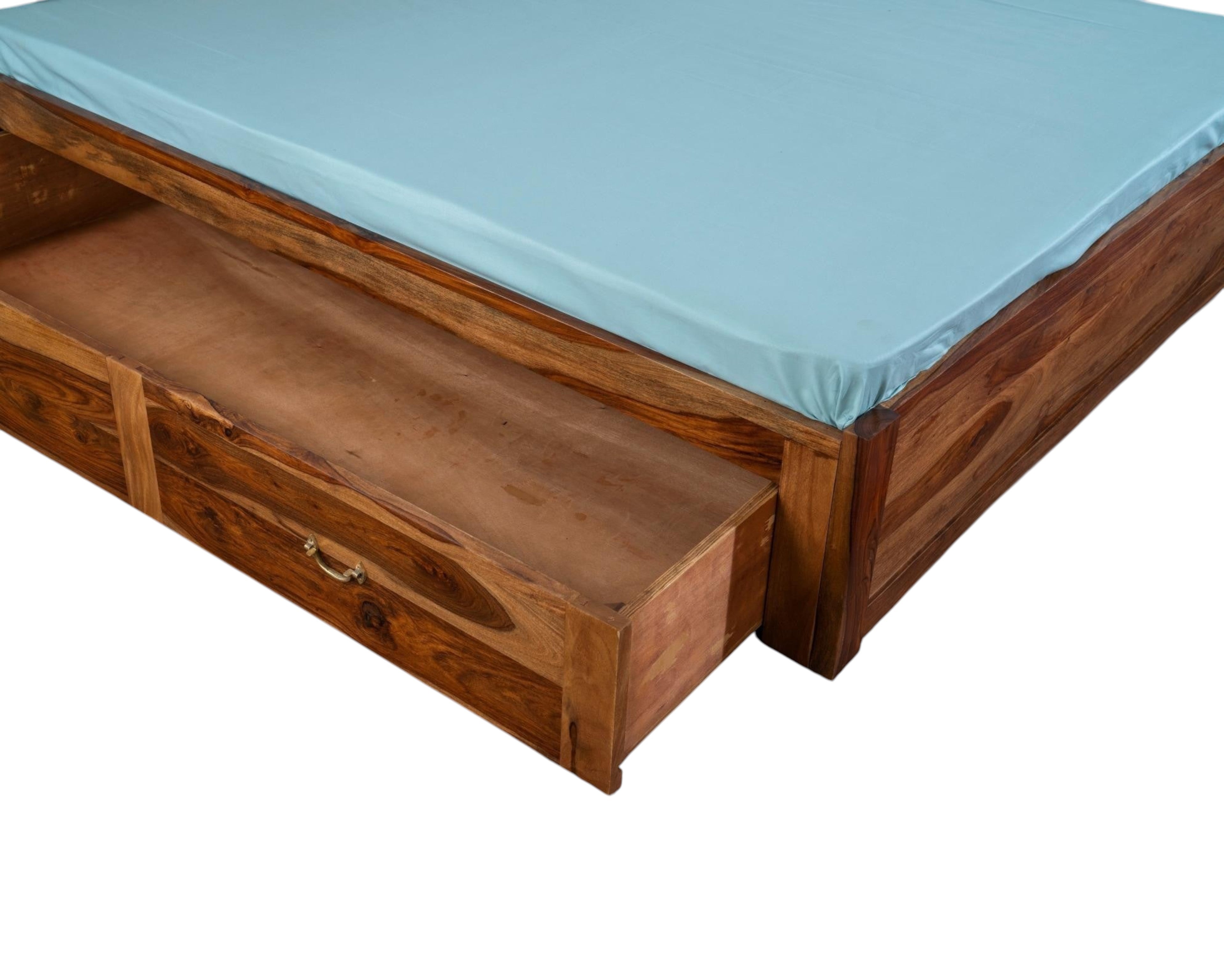 Nakoda Homes solid wood platform bed with integrated storage drawers and a light blue fitted sheet.