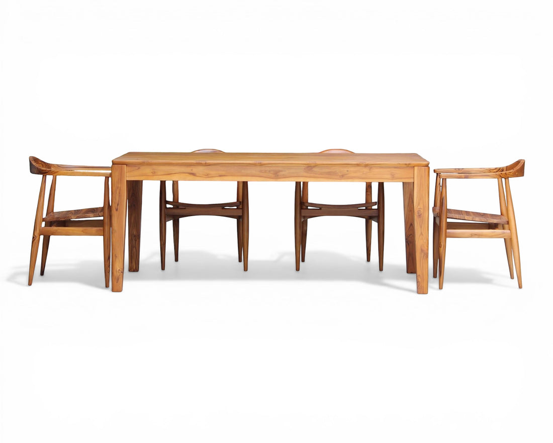 Nakoda Homes solid wood teak dining set with six chairs, featuring a natural wood finish and timeless design.