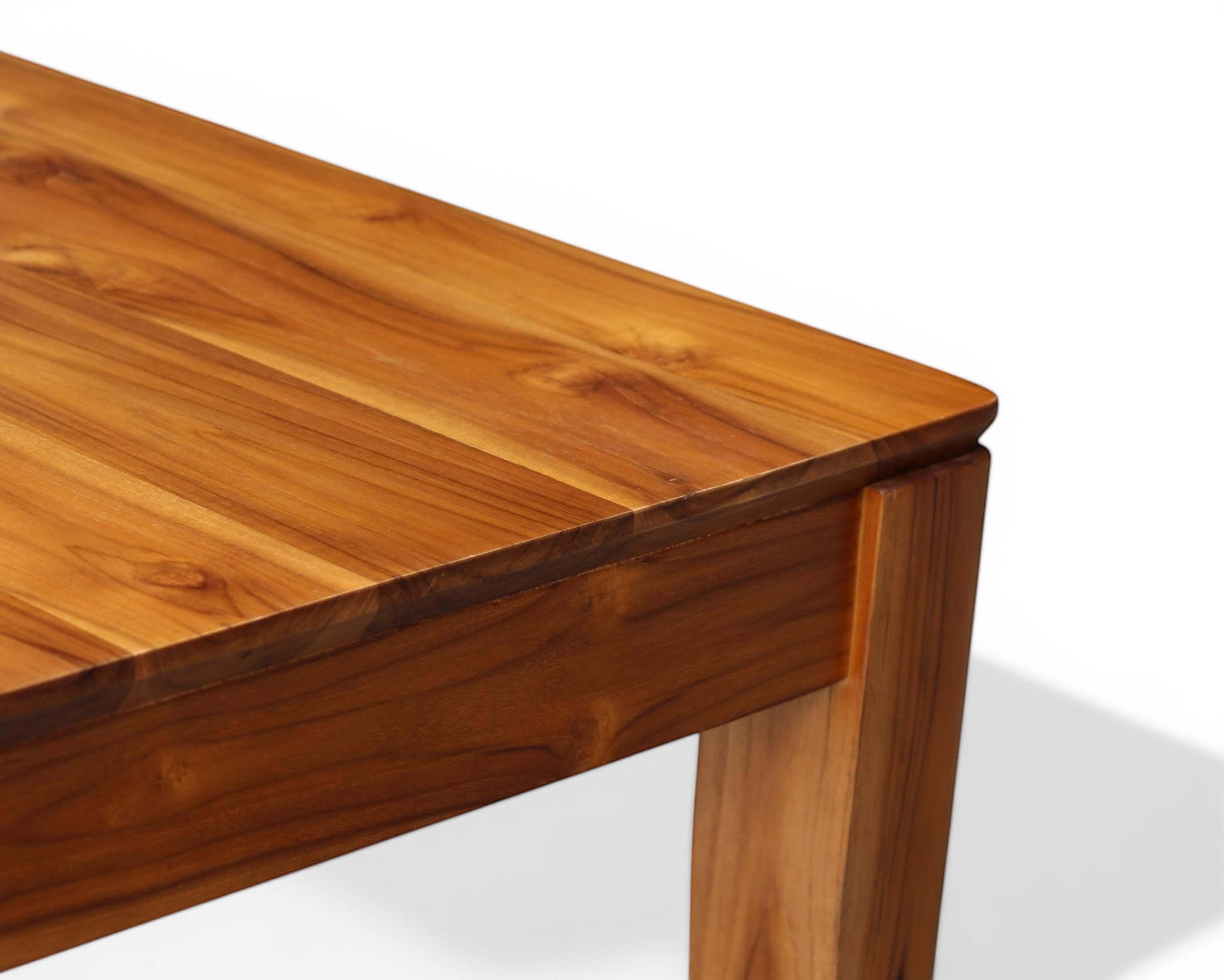 Nakoda Homes solid teak wood dining set with six chairs, natural wood grain, warm finish, elegant and durable.