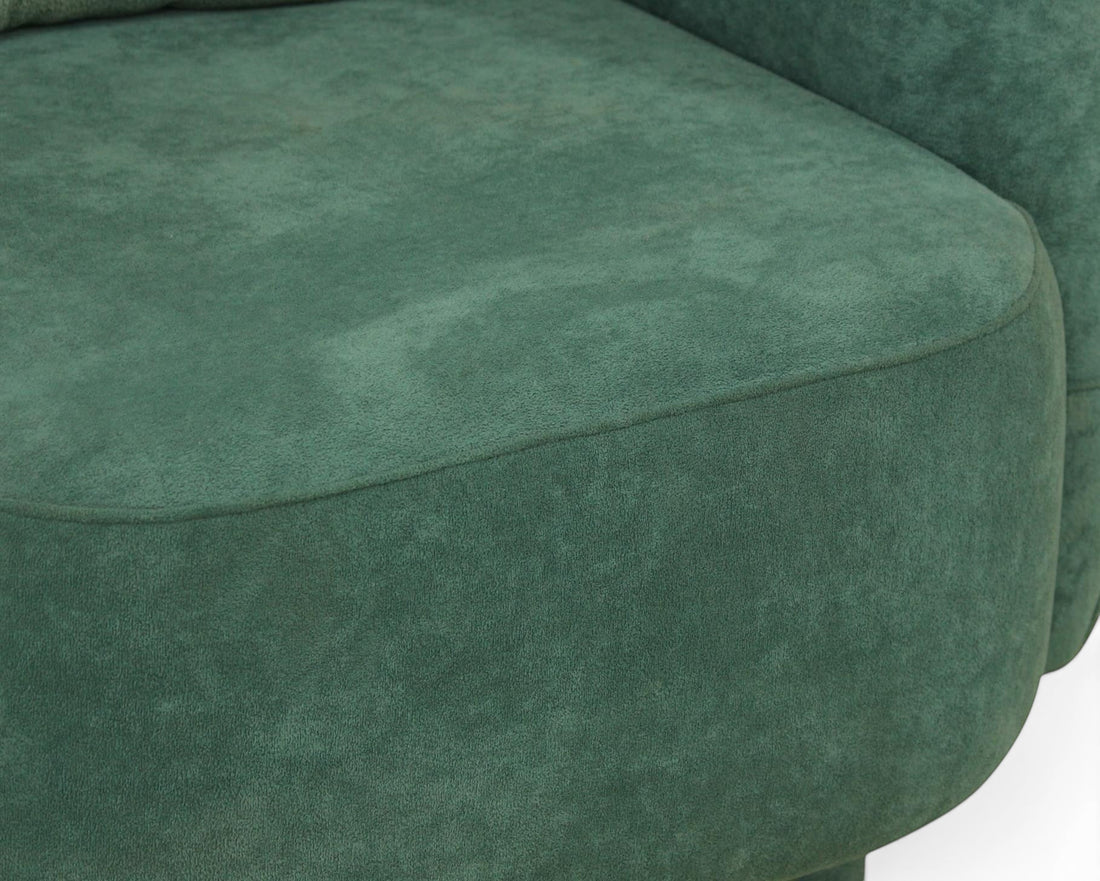 Nakoda Homes teal upholstered curved sofa set in soft-touch fabric with rounded arms and low-profile base.