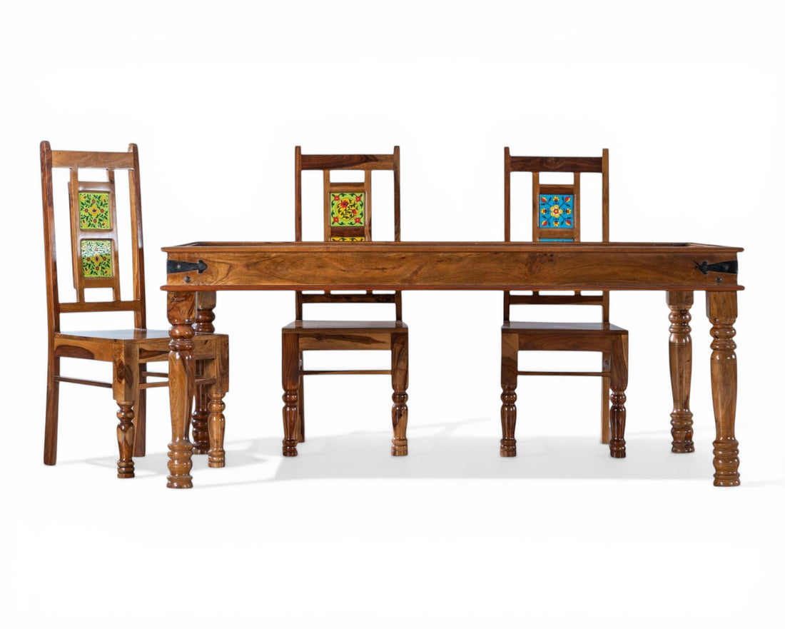 Nakoda Homes wooden dining set with chairs featuring colorful ceramic tile accents. Bohemian style.