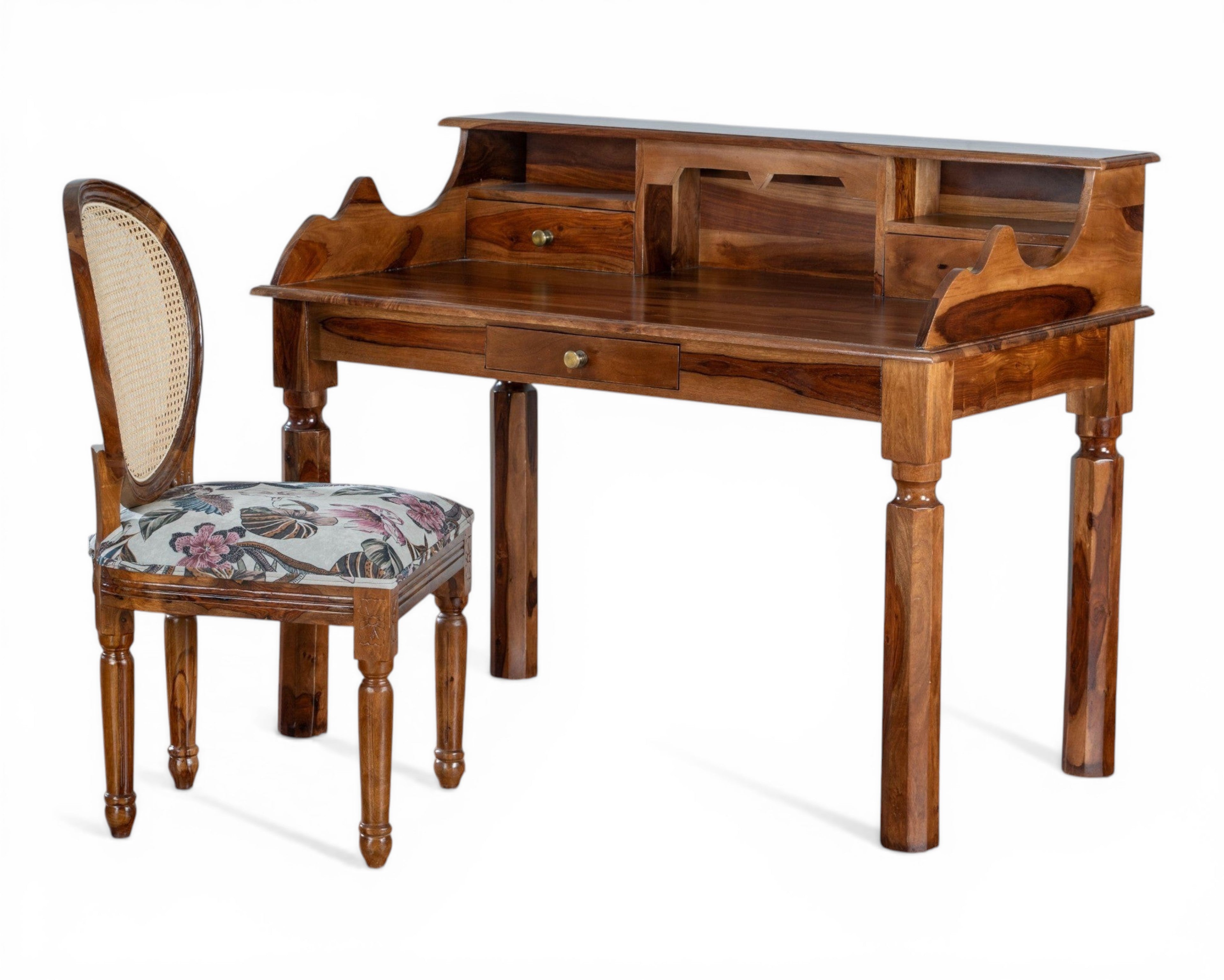 Nakoda Homes solid wood secretary desk with drawers and shelves, natural finish, classic style for home office.