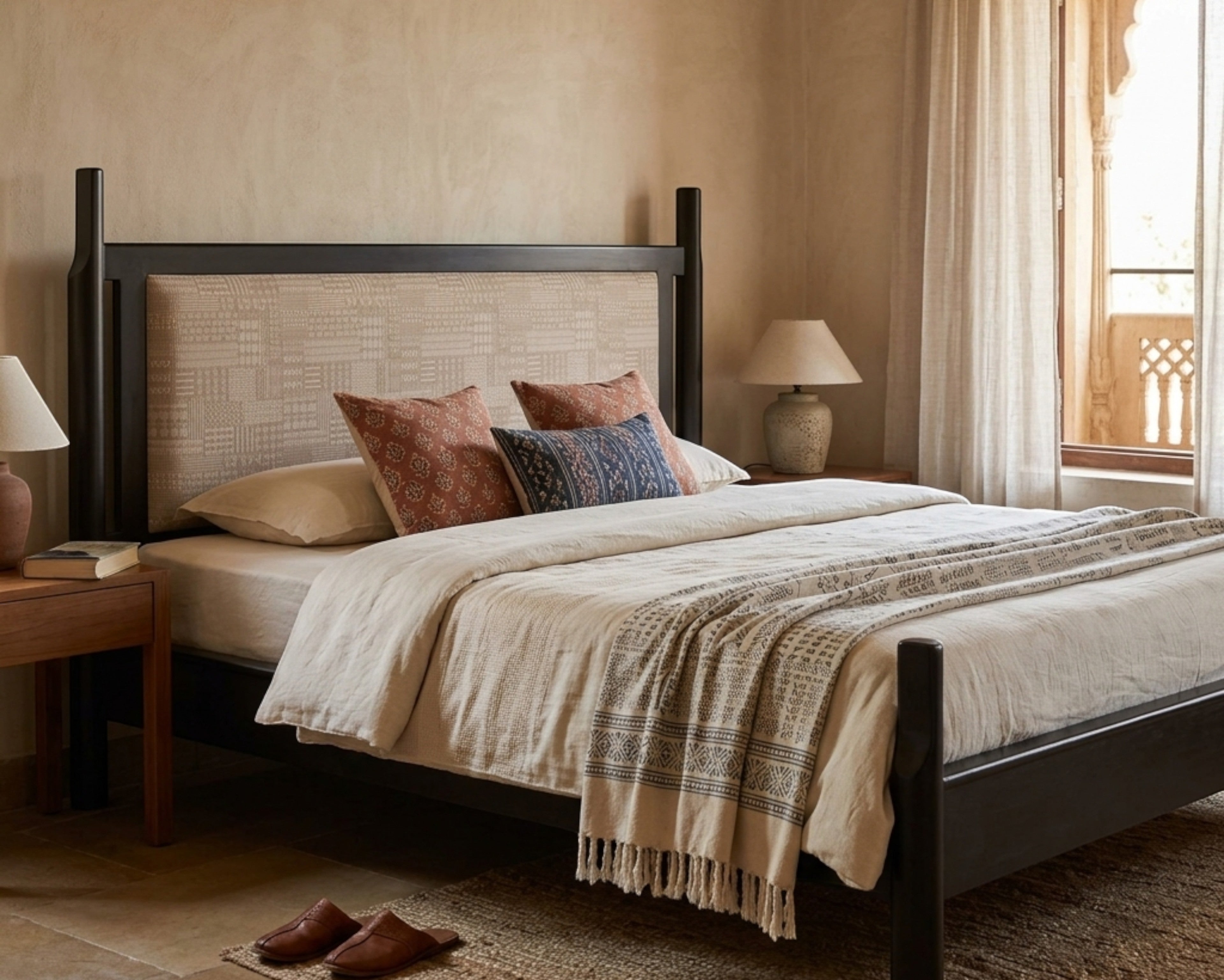Nakoda Homes modern platform bed frame with black metal and beige upholstered headboard with geometric pattern.