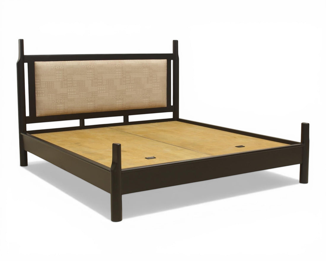 Nakoda Homes black metal platform bed frame with beige upholstered headboard featuring geometric pattern. Includes under-bed storage.