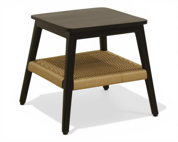 Nakoda Homes modern black wooden side table with natural woven rattan shelf. Ideal accent furniture.