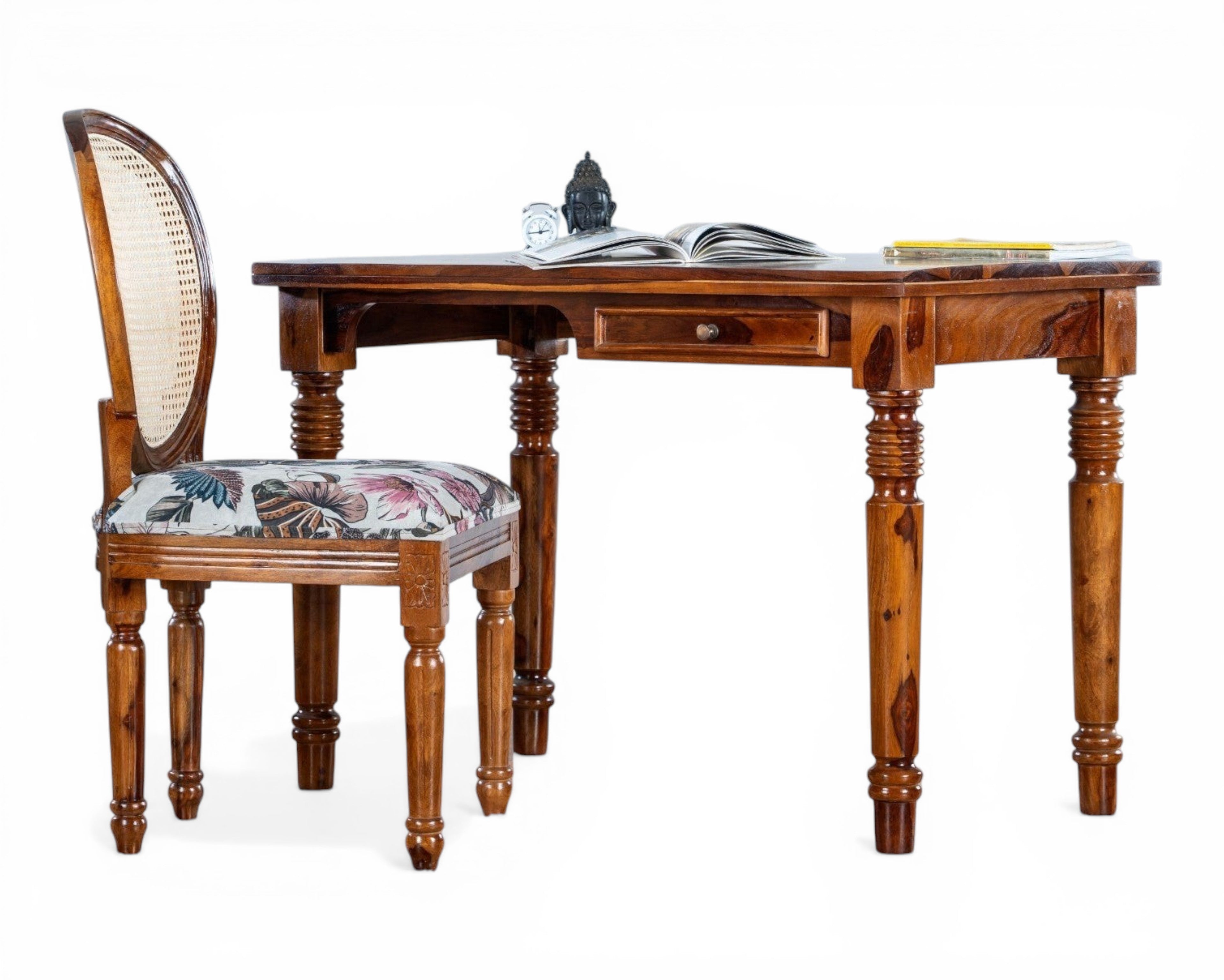 Nakoda Homes classic wooden writing desk with a single drawer and turned legs. Warm wood finish, ideal for home office.