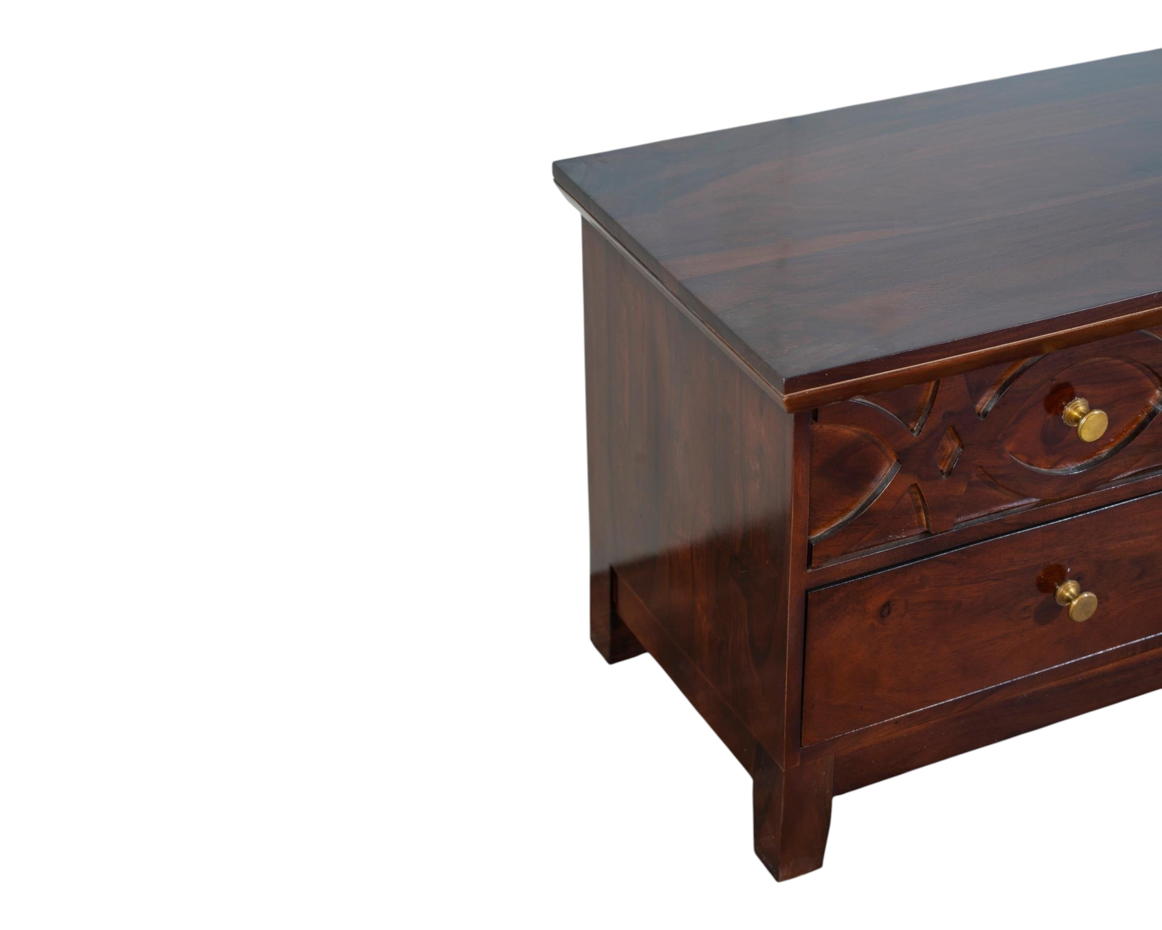 Nakoda Homes dark wood media console with carved geometric drawer fronts and brass hardware. Solid wood TV stand.