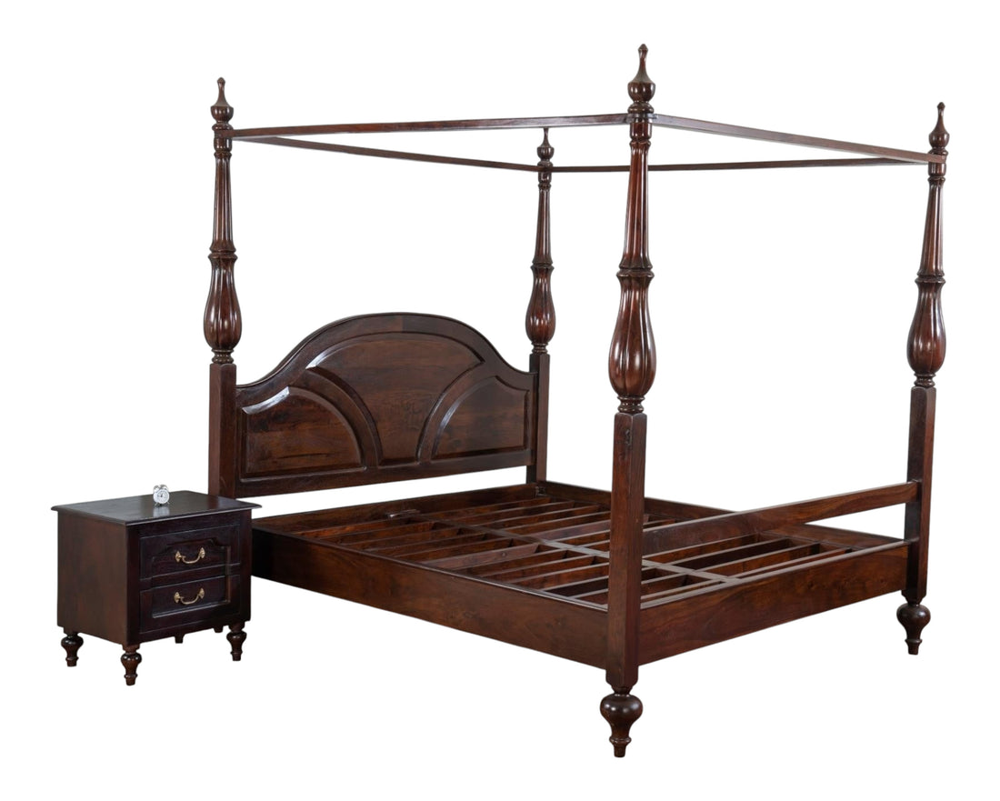 Nakoda Homes dark wood four poster bed with arched headboard and turned posts. Open canopy design.