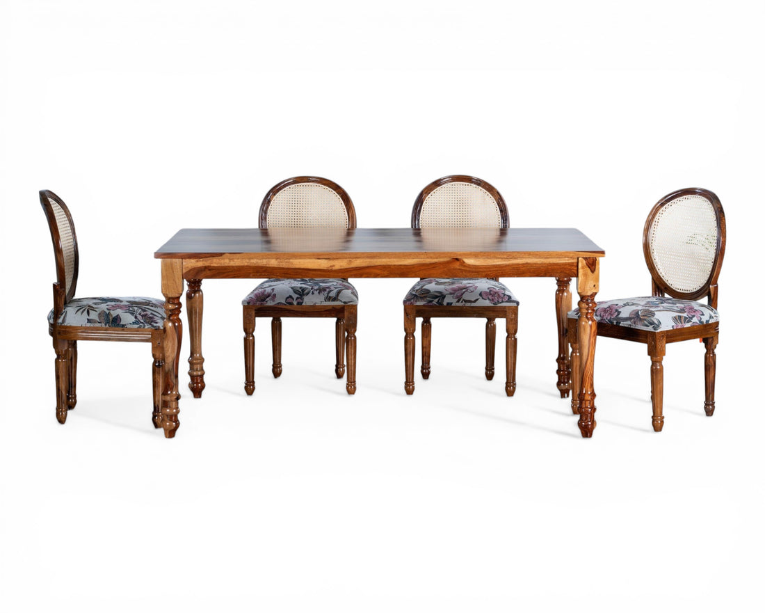 Nakoda Homes wooden dining chair with upholstered floral seat and cane backrest. Elegant carved frame.