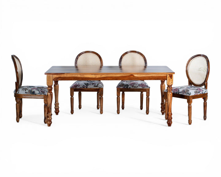 Nakoda Homes wooden dining chair with upholstered floral seat and cane backrest. Elegant carved frame.