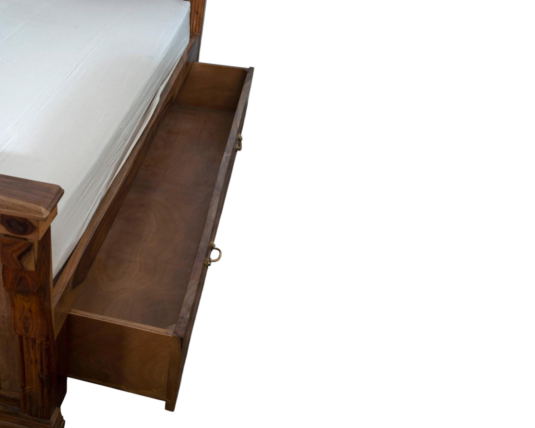 Nakoda Homes Grand Wooden Storage Bed Frame with rich wood finish and integrated drawers.