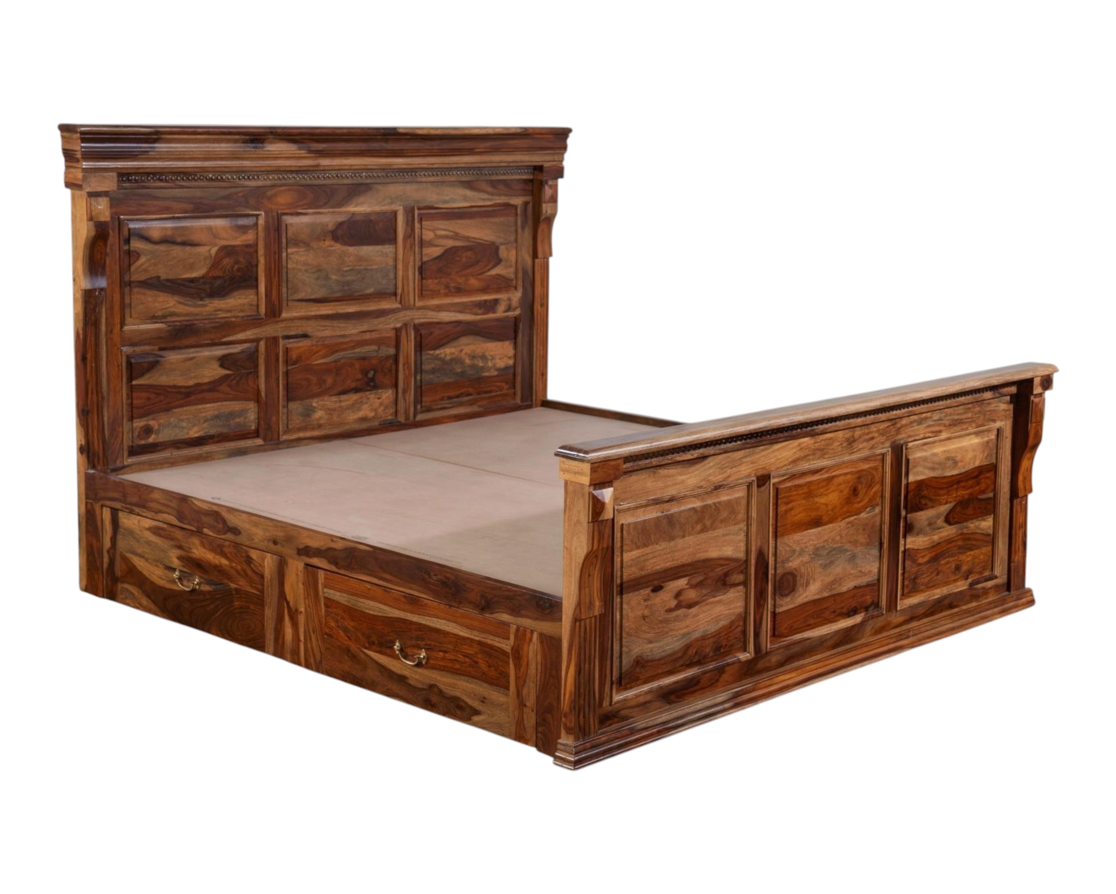 Nakoda Homes Grand Wooden Storage Bed Frame with paneled headboard and integrated drawers. Rich natural wood.