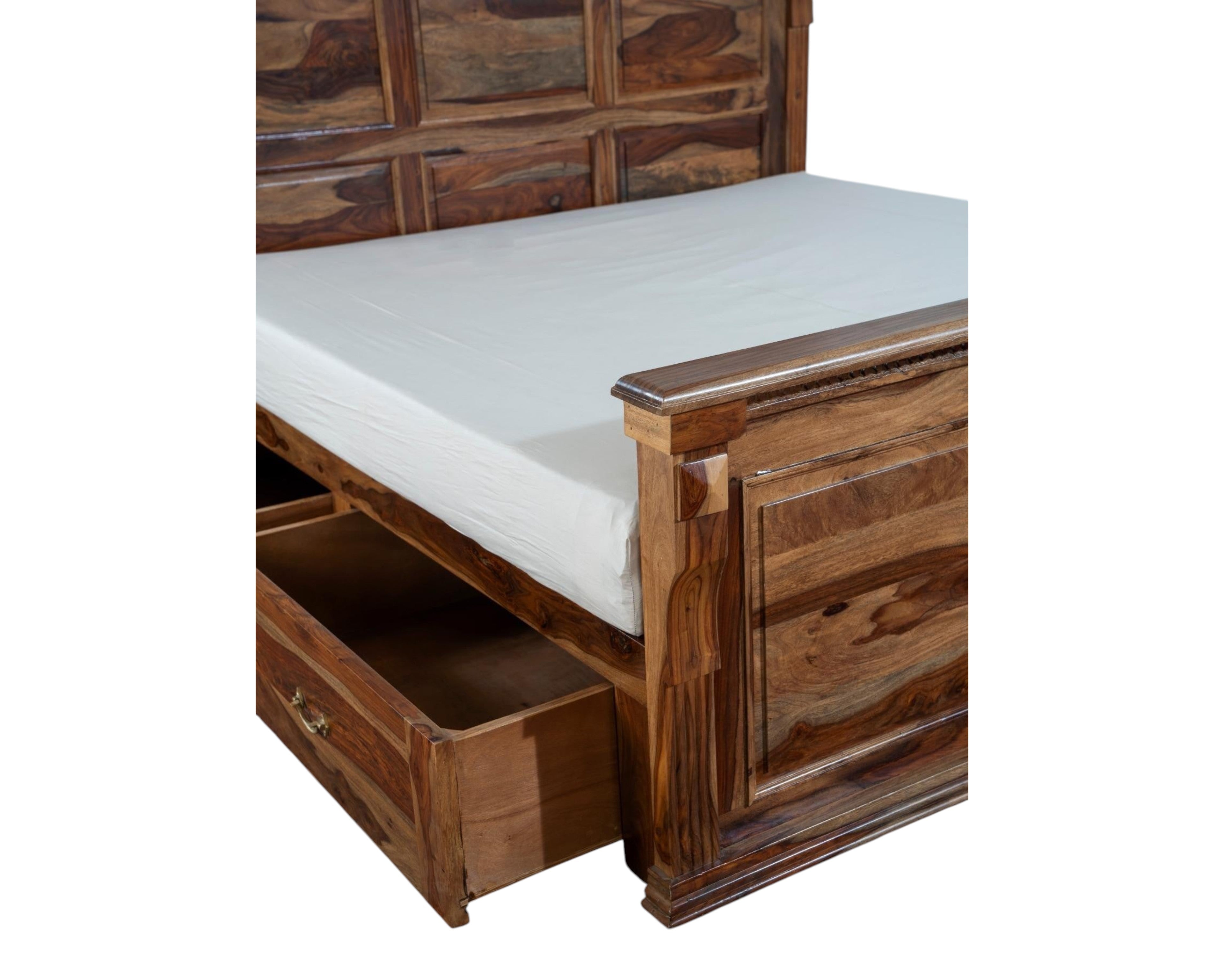 Nakoda Homes Grand Wooden Storage Bed Frame with intricate paneling and elegant headboard. Rich natural wood finish.