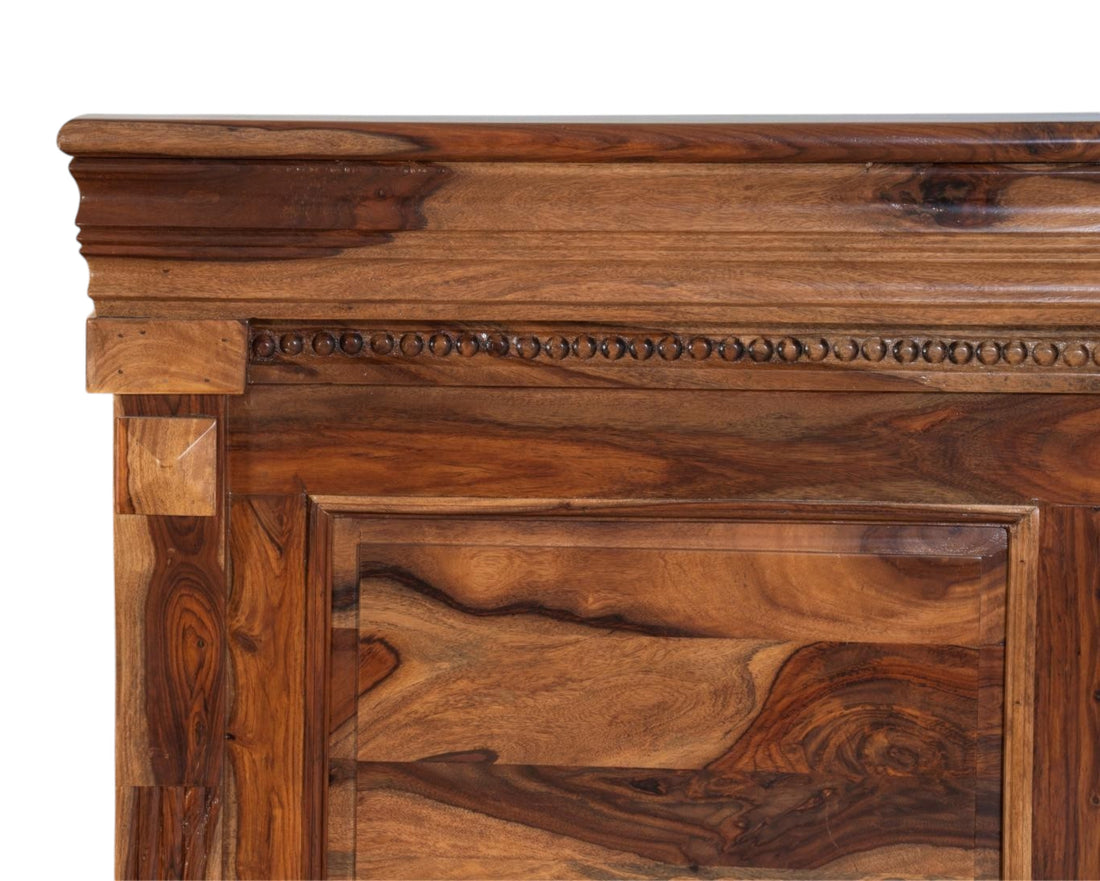 Nakoda Homes Grand Wooden Storage Bed Frame with detailed paneling and elegant headboard in natural wood.