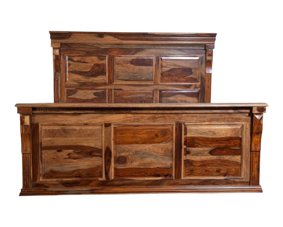 Nakoda Homes Grand Wooden Storage Bed Frame with paneled headboard and integrated drawers. Rich natural wood.