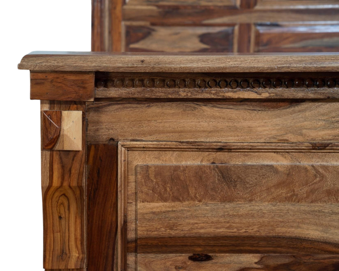 Nakoda Homes Grand Wooden Storage Bed Frame with detailed paneling and elegant headboard. Rich natural wood.