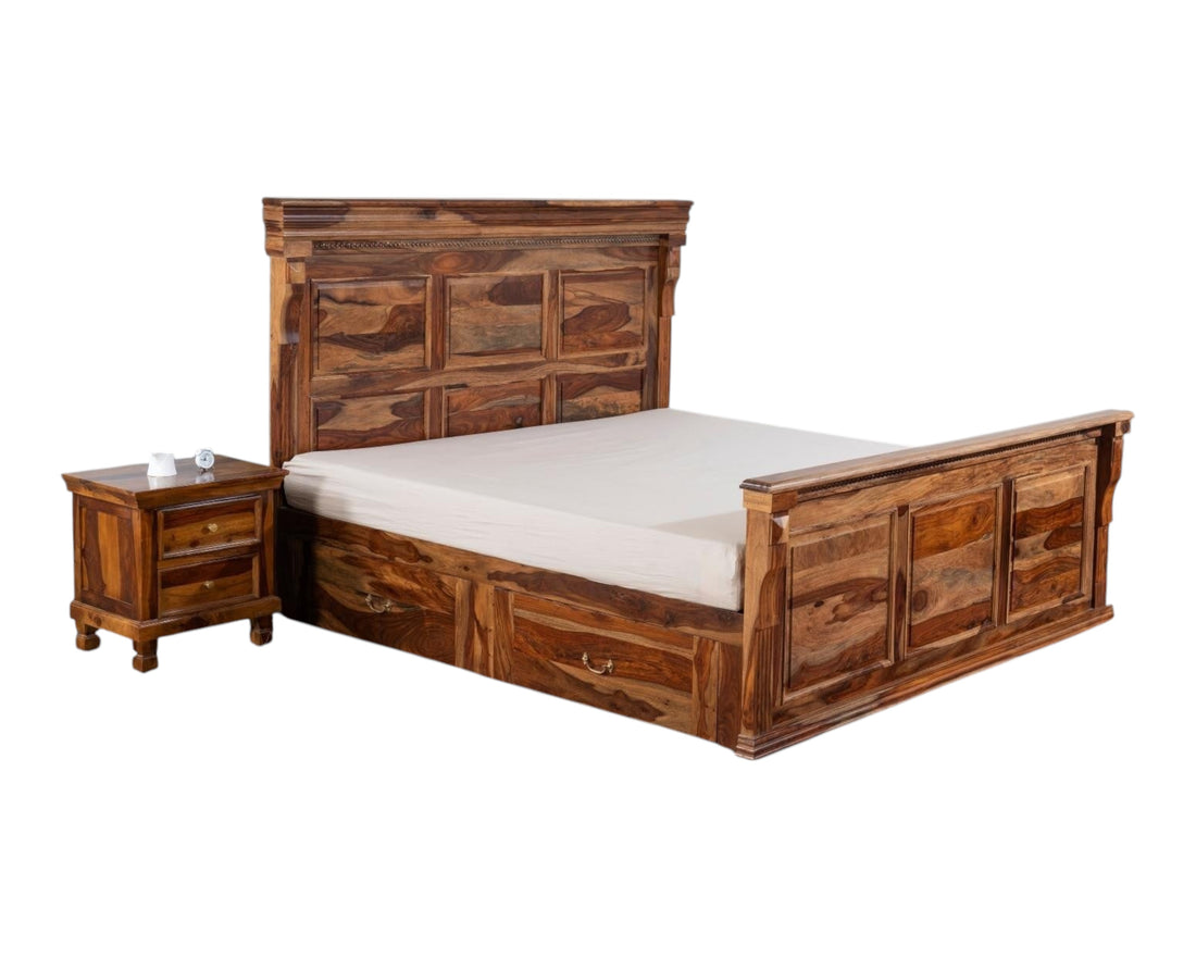 Nakoda Homes Grand Wooden Storage Bed Frame with paneling and elegant headboard, featuring integrated storage drawers.