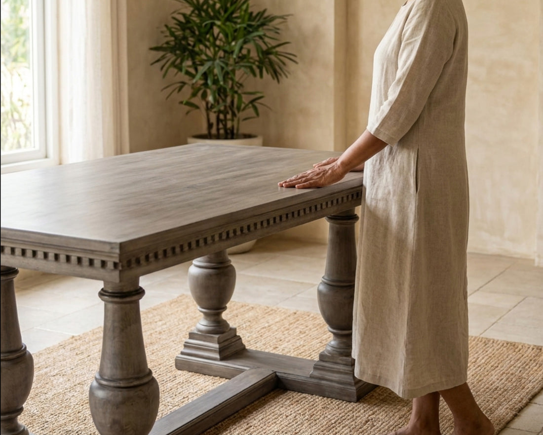 Nakoda Homes ornate grey wood dining table with carved edge and pedestal legs, perfect for dining rooms or hallways.