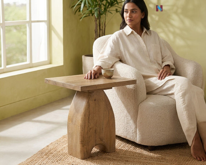 Nakoda Homes Loom side table made of weathered mango wood with a unique sculptural base. Perfect for living rooms.