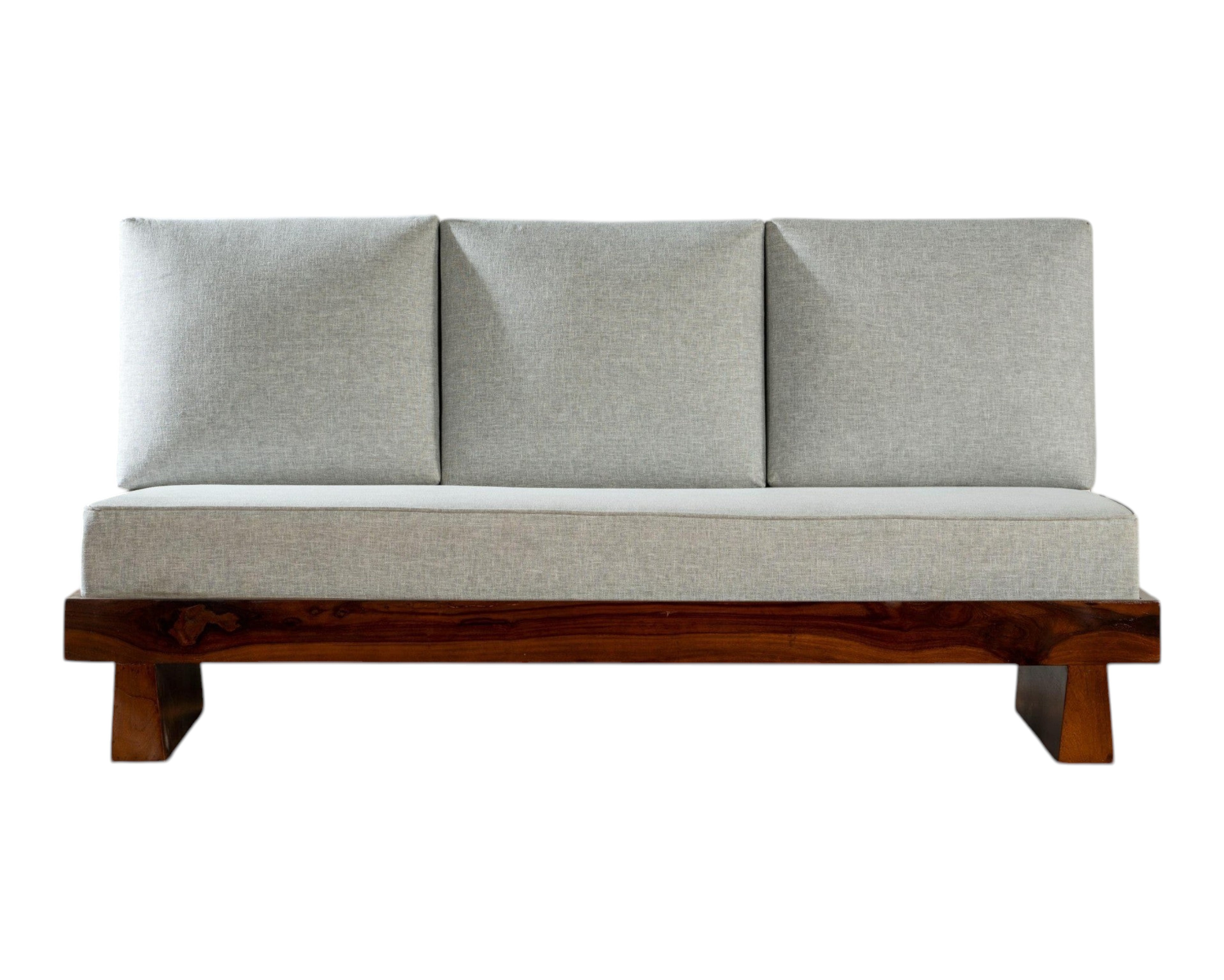 Nakoda Homes modern three-seater sofa with light grey upholstered cushions and a rich-toned wooden frame. Clean lines and minimalist design.