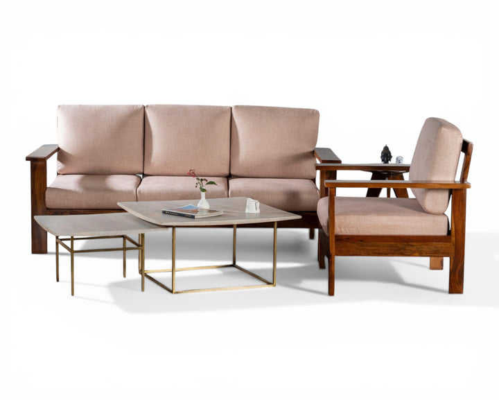 Nakoda Homes modern 3-seater sofa and armchair with plush light pink upholstery and solid wood frame. Includes nested coffee tables.