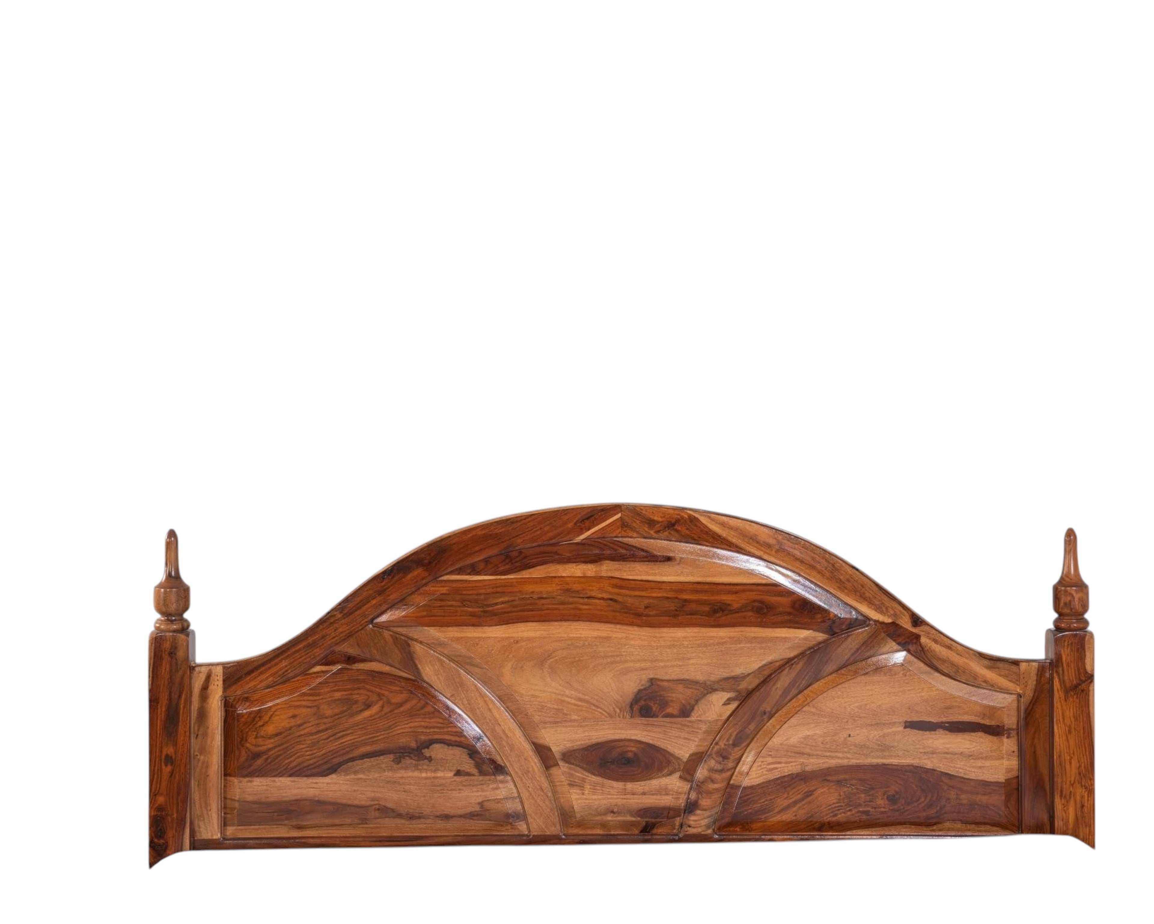 Nakoda Homes Ornate Sheesham wood bed frame with arched headboard and intricate carvings.