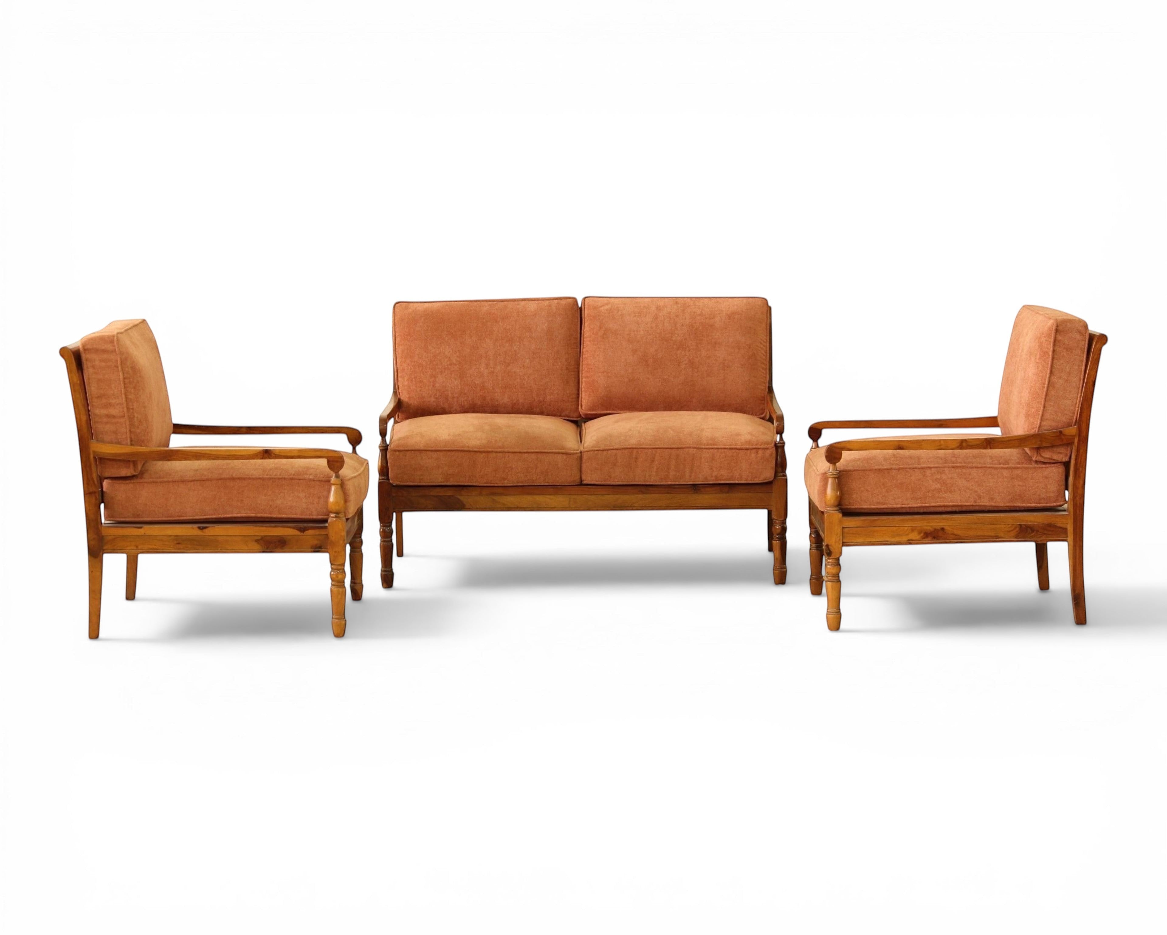 Nakoda Homes 3-piece rust-colored upholstered sofa set with wooden frame and armrests, includes loveseat and two armchairs.