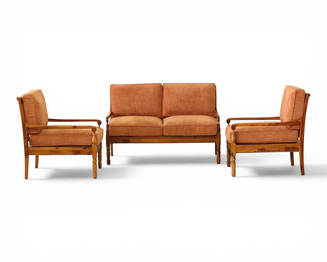 Nakoda Homes 3-piece rust-colored upholstered sofa set with wooden frame and armrests, includes loveseat and two armchairs.