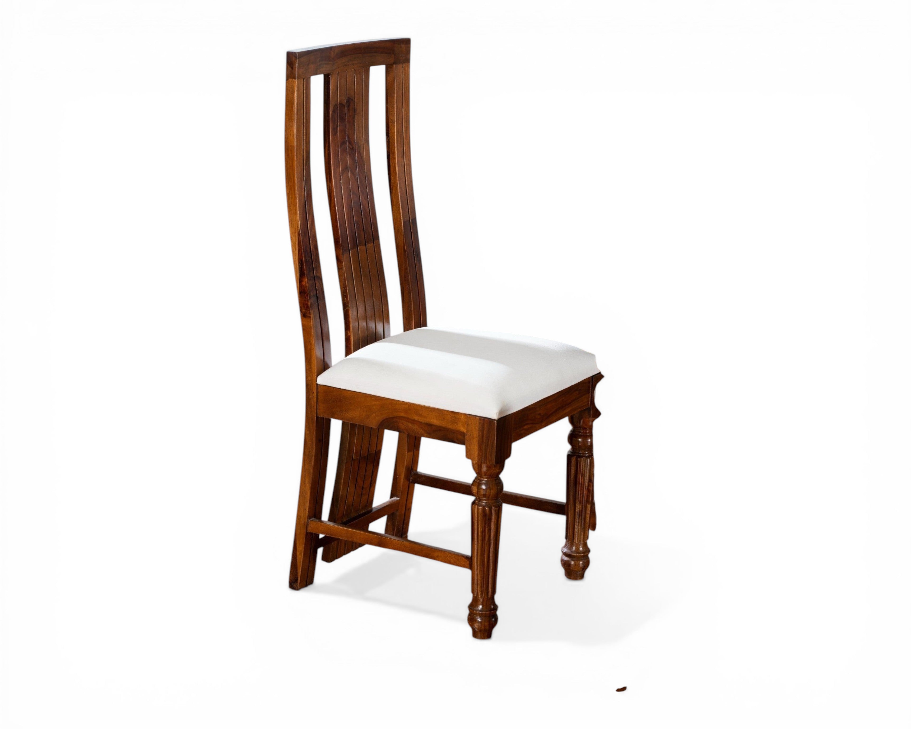 Nakoda Homes Sheesham wood dining chair with white upholstered seat and carved legs.