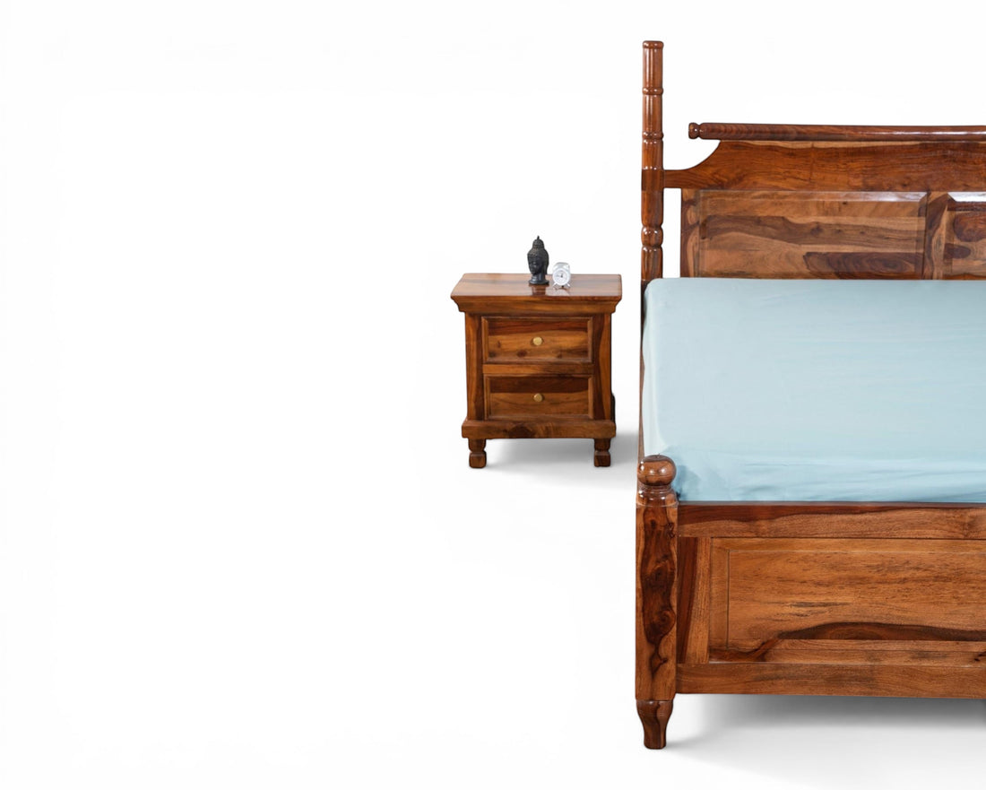 Nakoda Homes queen-size solid Sheesham wood four poster bed frame in honey brown with carved detailing.