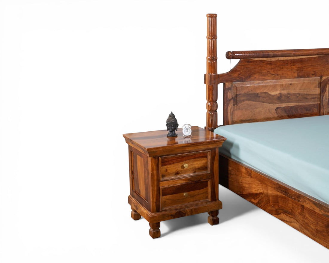 Nakoda Homes queen-size solid Sheesham wood four poster bed frame with carved headboard and honey-brown finish.