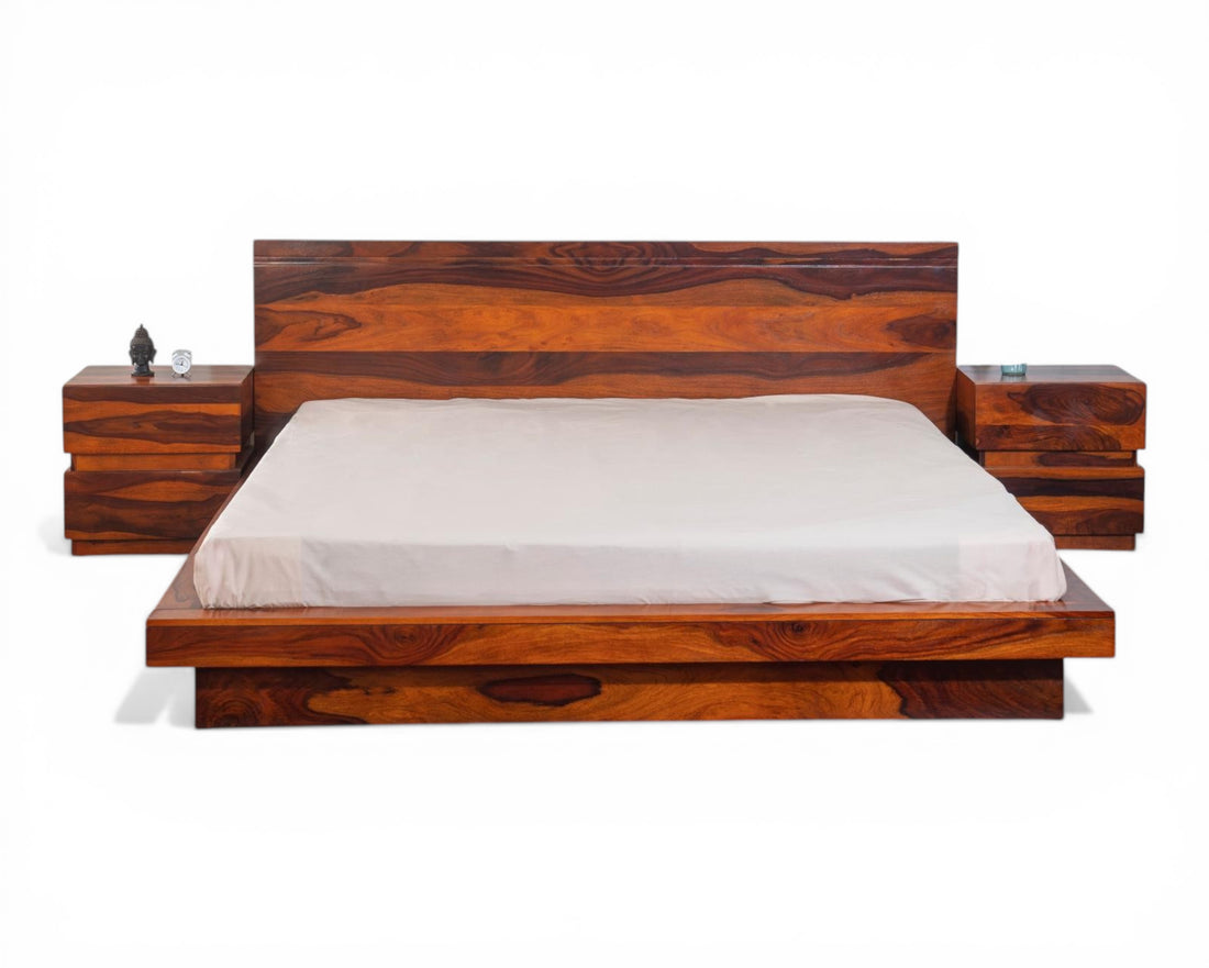 Nakoda Homes modern solid Sheesham wood platform bed frame with minimalist headboard and matching nightstands.