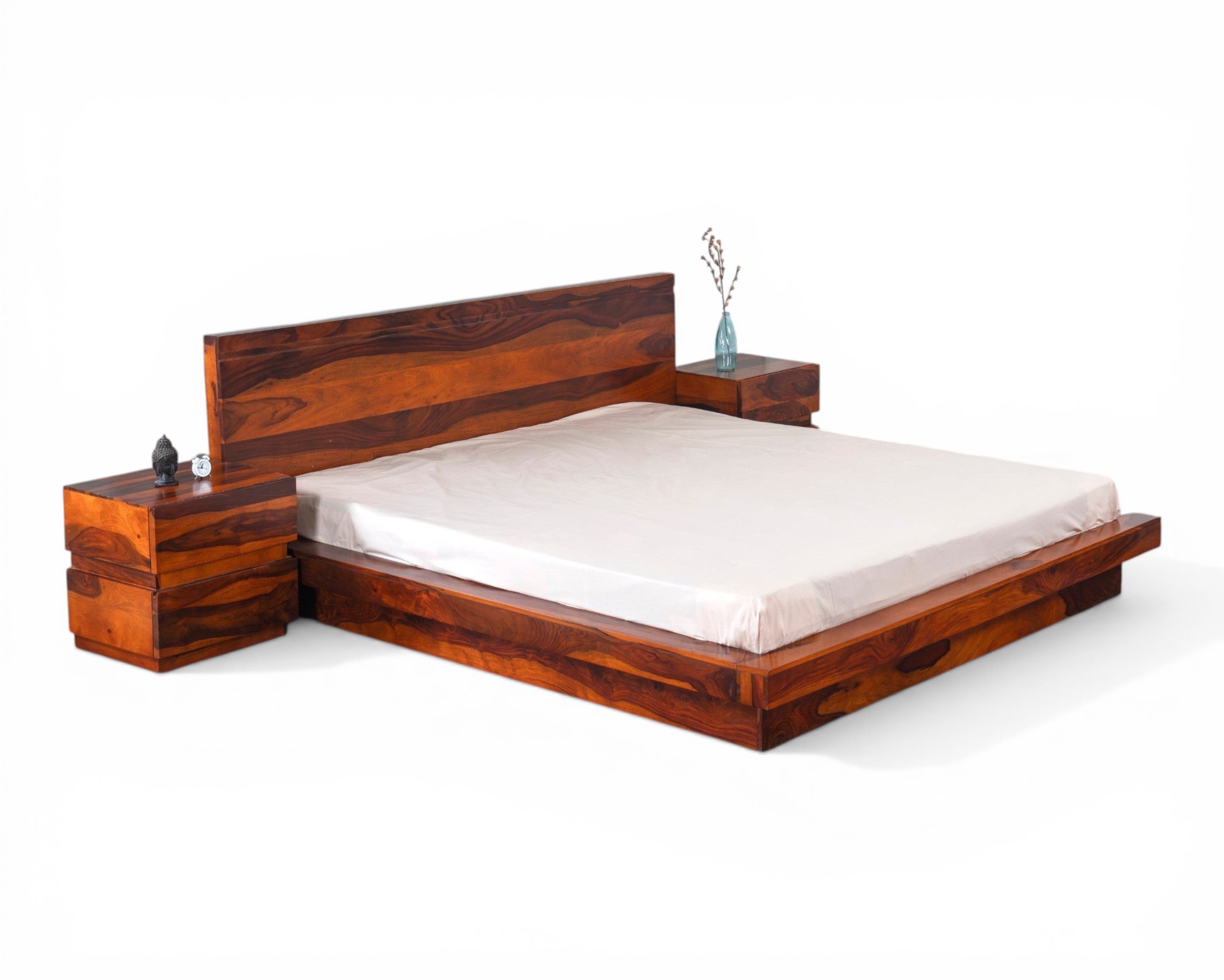 Nakoda Homes modern low-profile Sheesham wood platform bed frame with minimalist headboard and natural grain. Warm wood tones.