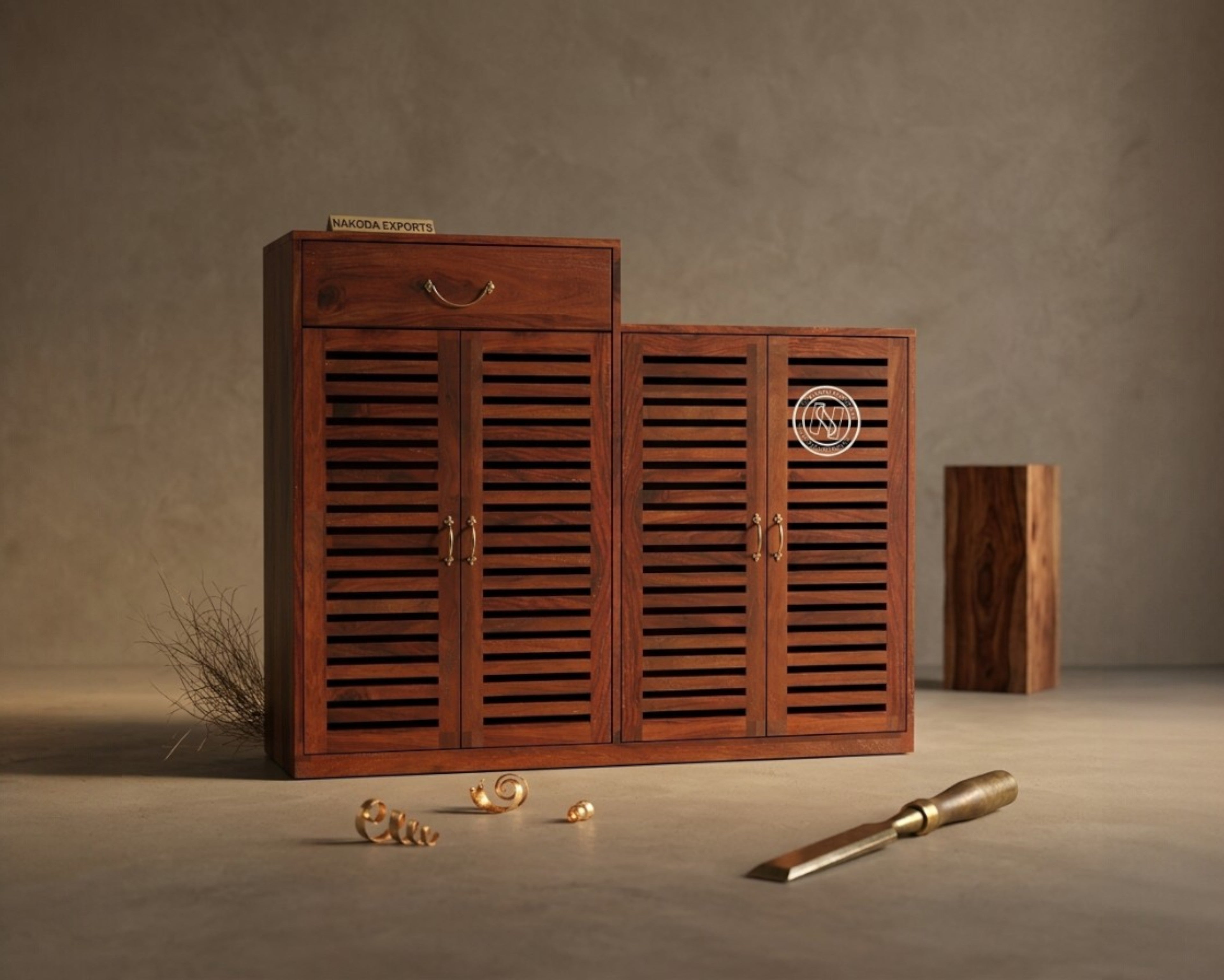 Nakoda Homes Sheesham wood entryway shoe storage cabinet with slatted doors and a drawer.