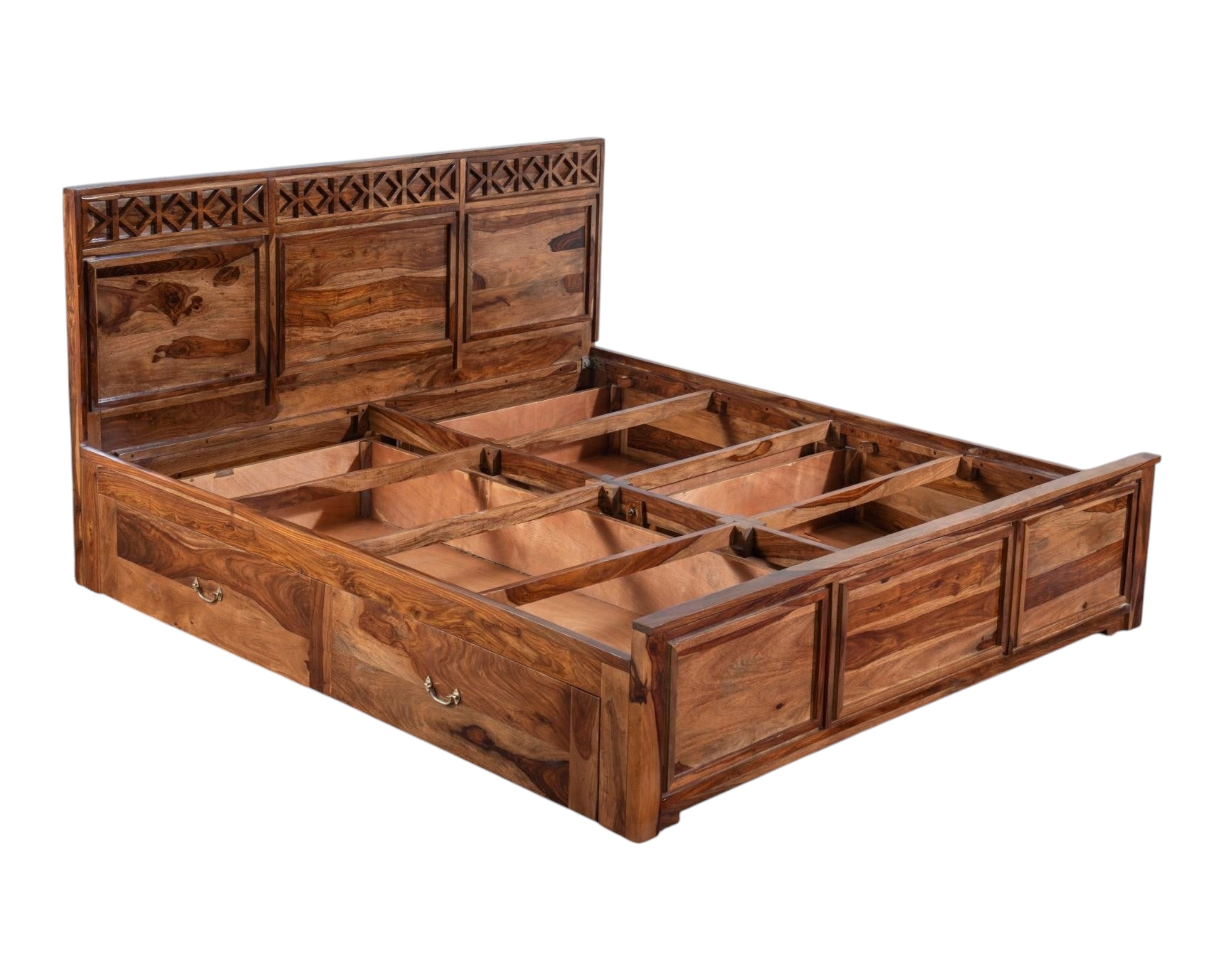 Nakoda Homes Sheesham wood bed frame with carved headboard and built-in storage drawers.