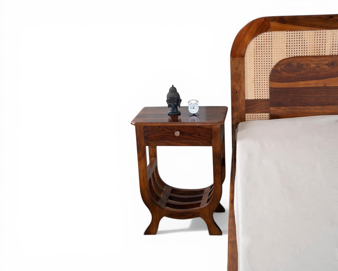Nakoda Homes solid wood platform bed with natural cane headboard and storage drawers. Warm wood finish.