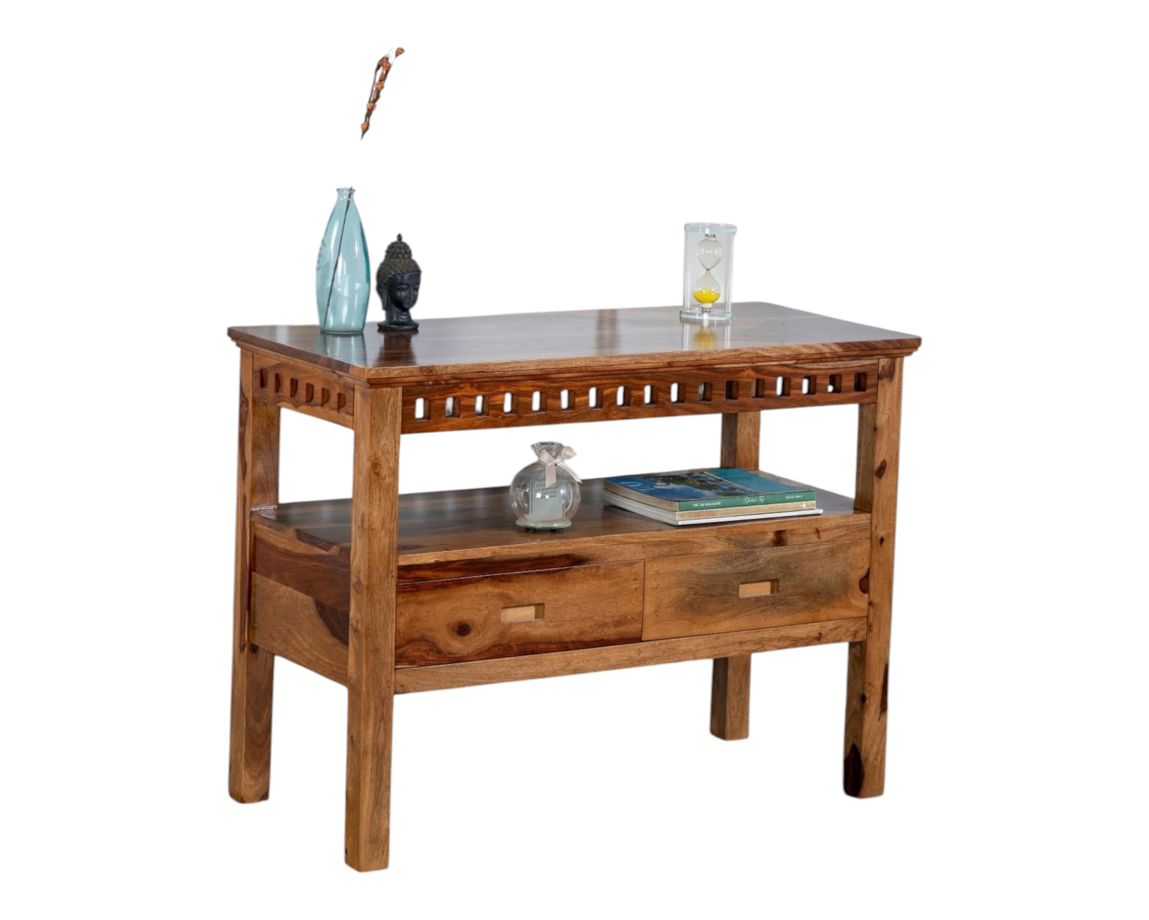 Nakoda Homes solid wood console table with two drawers and open shelf, featuring carved detailing and natural wood grain.