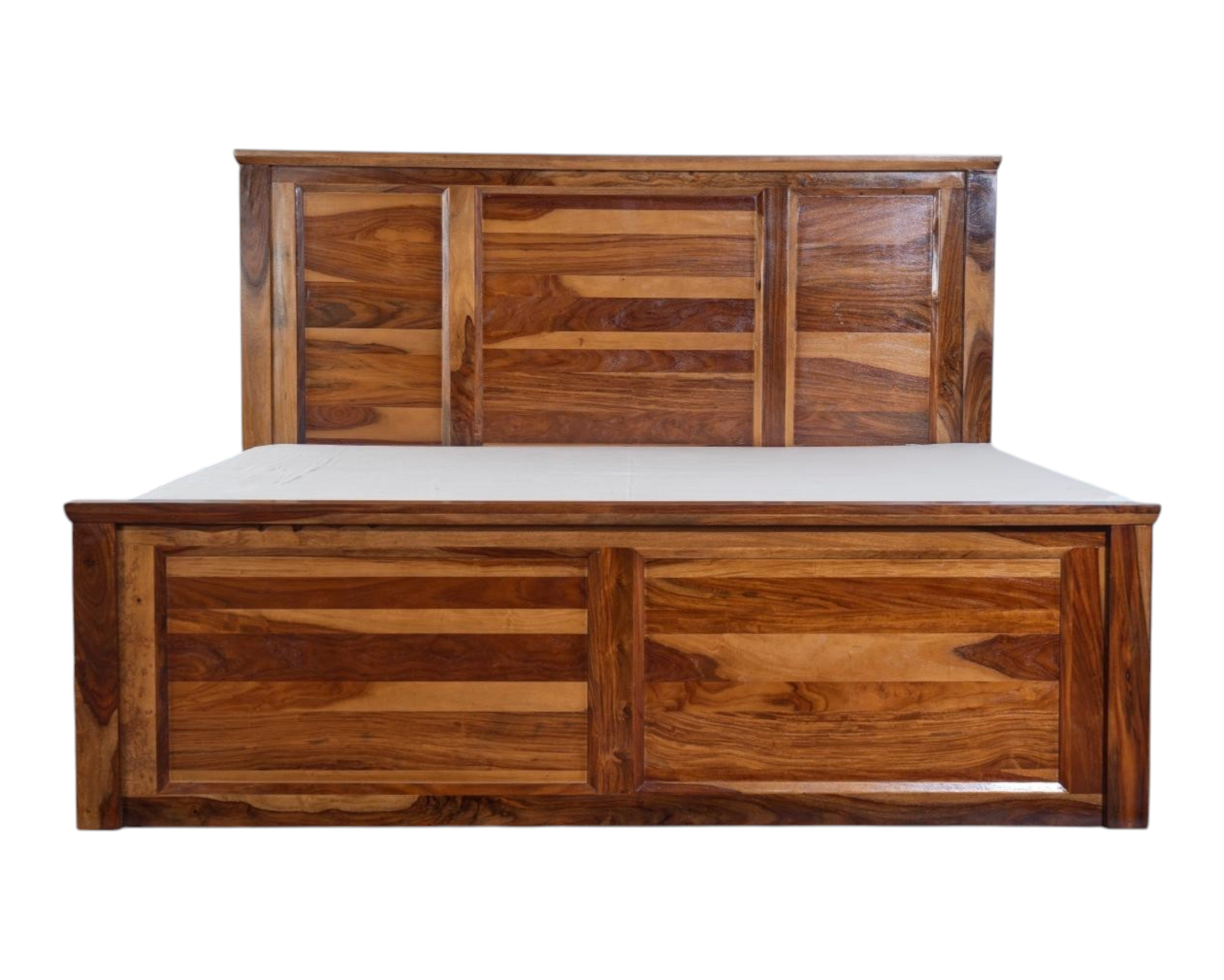 Nakoda Homes solid Sheesham wood platform bed frame with slatted headboard and footboard in a warm honey finish.