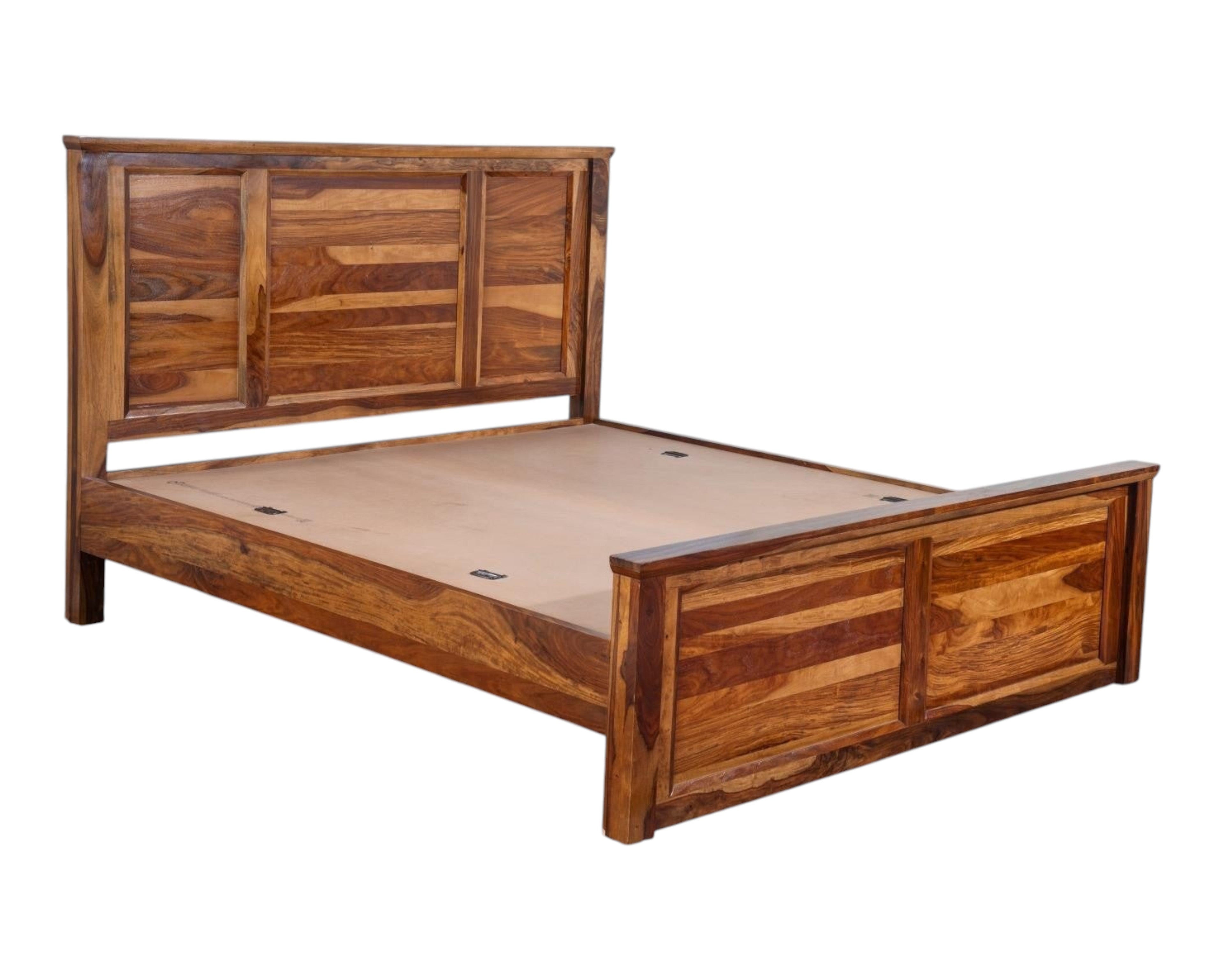 Nakoda Homes solid Sheesham wood platform bed frame with slatted headboard and footboard in a warm honey finish.