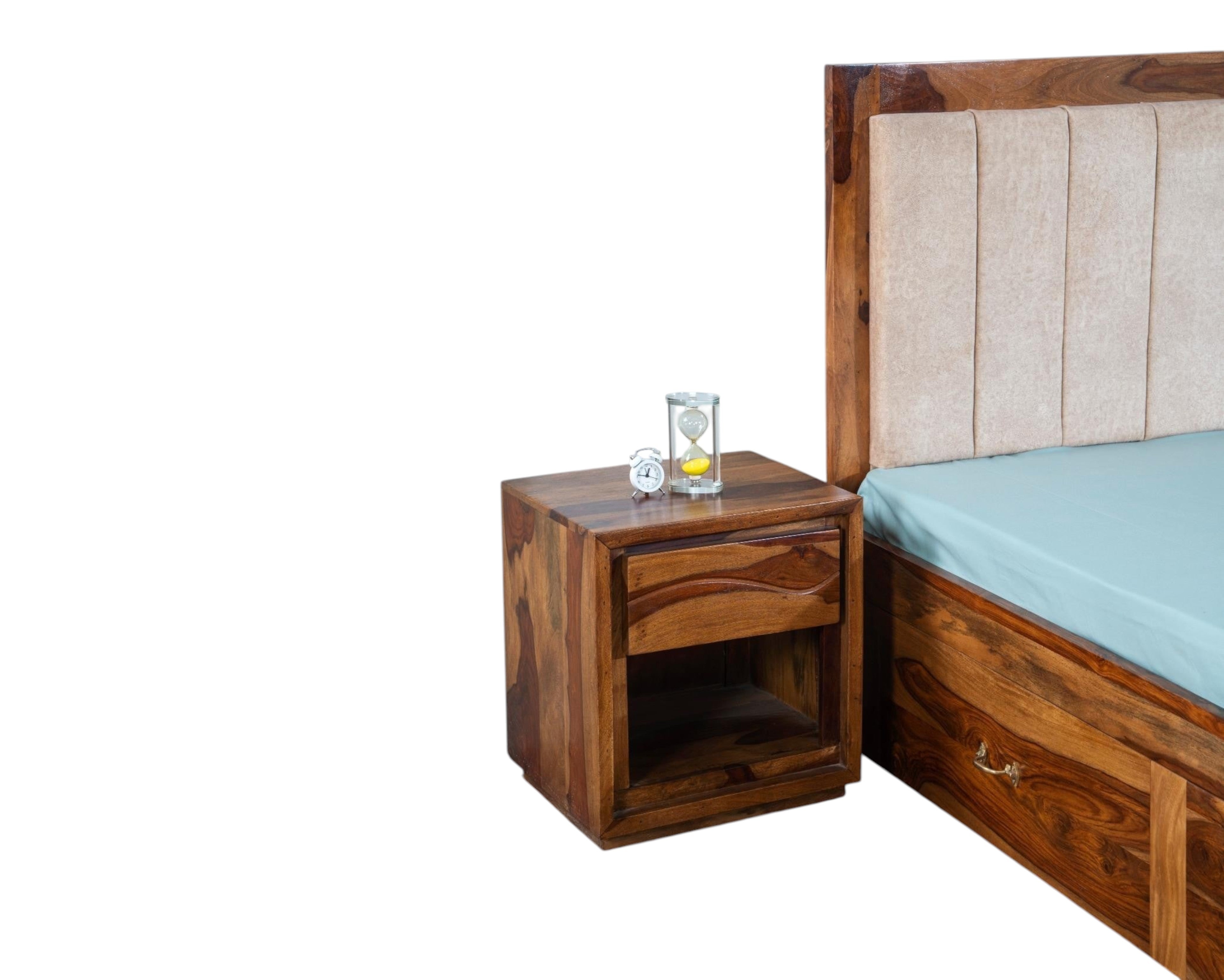 Nakoda Homes solid wood platform bed with upholstered headboard and storage drawers. Natural wood finish.